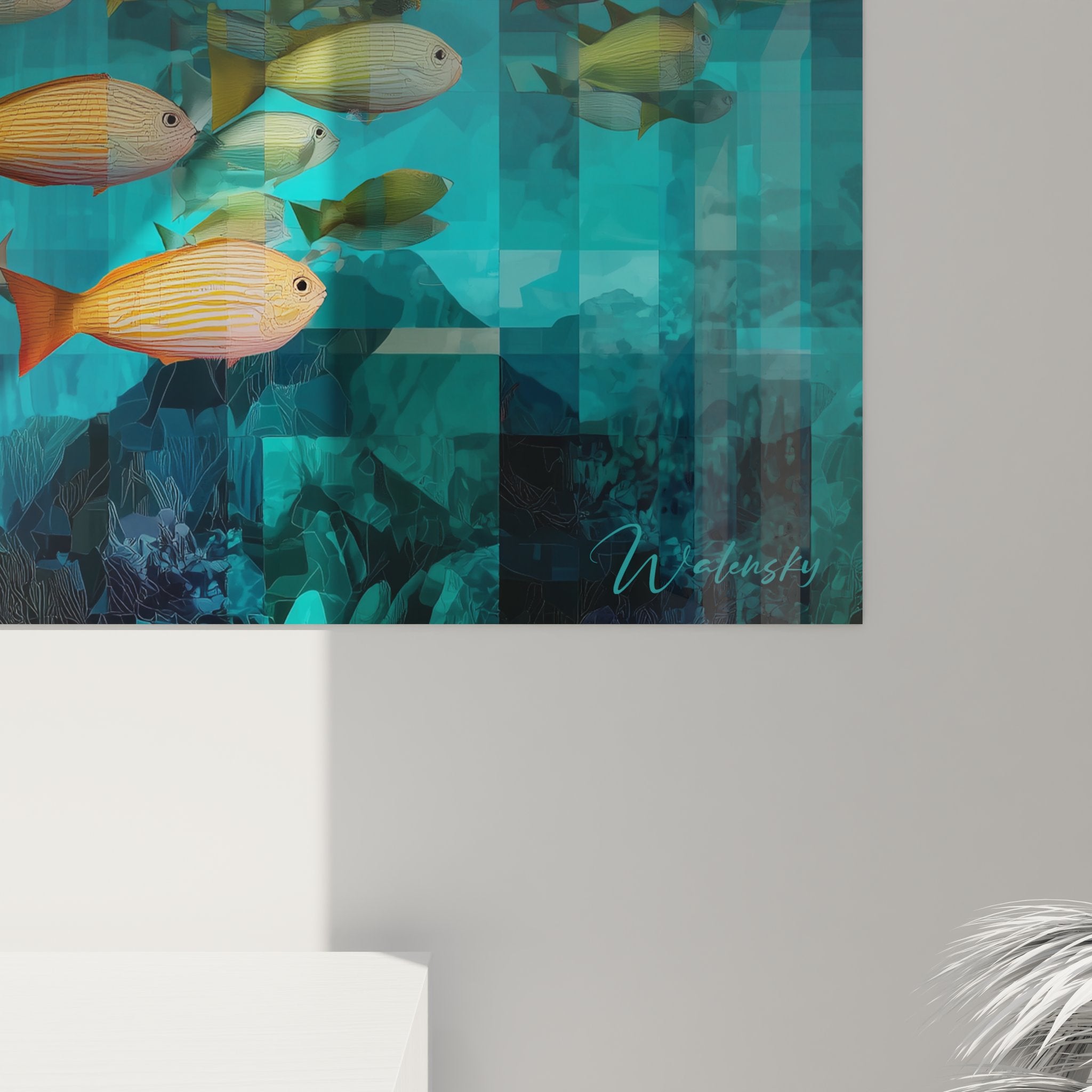 Vue ensemble tableau mural fonds marins abstrait, composition géométrique aquatique multicolore