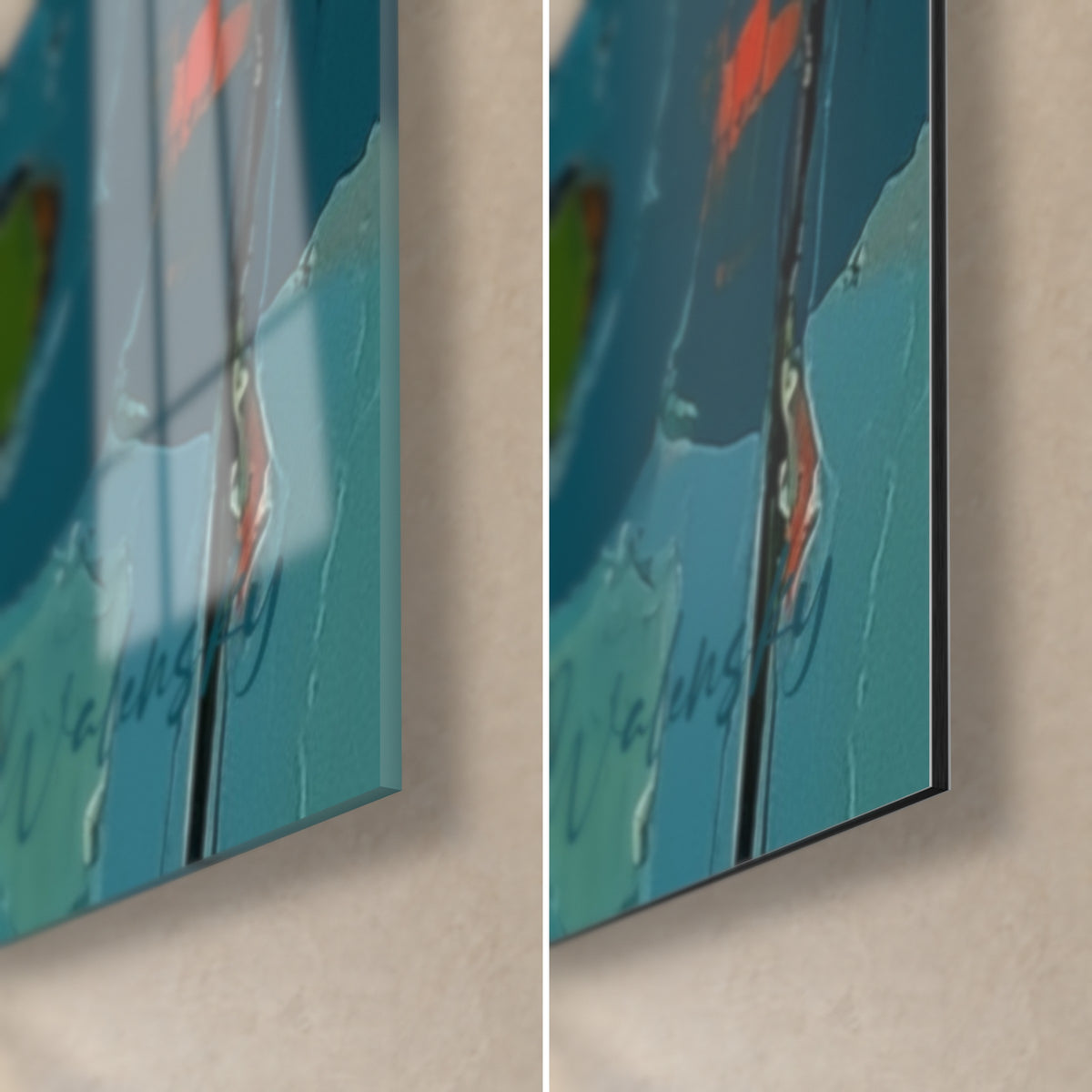 Schilderij lotusbloemen in dikke impasto, rechtsonder, turkoois en koraalrood, glanzend glas en mat Dibond, rand van 3 mm