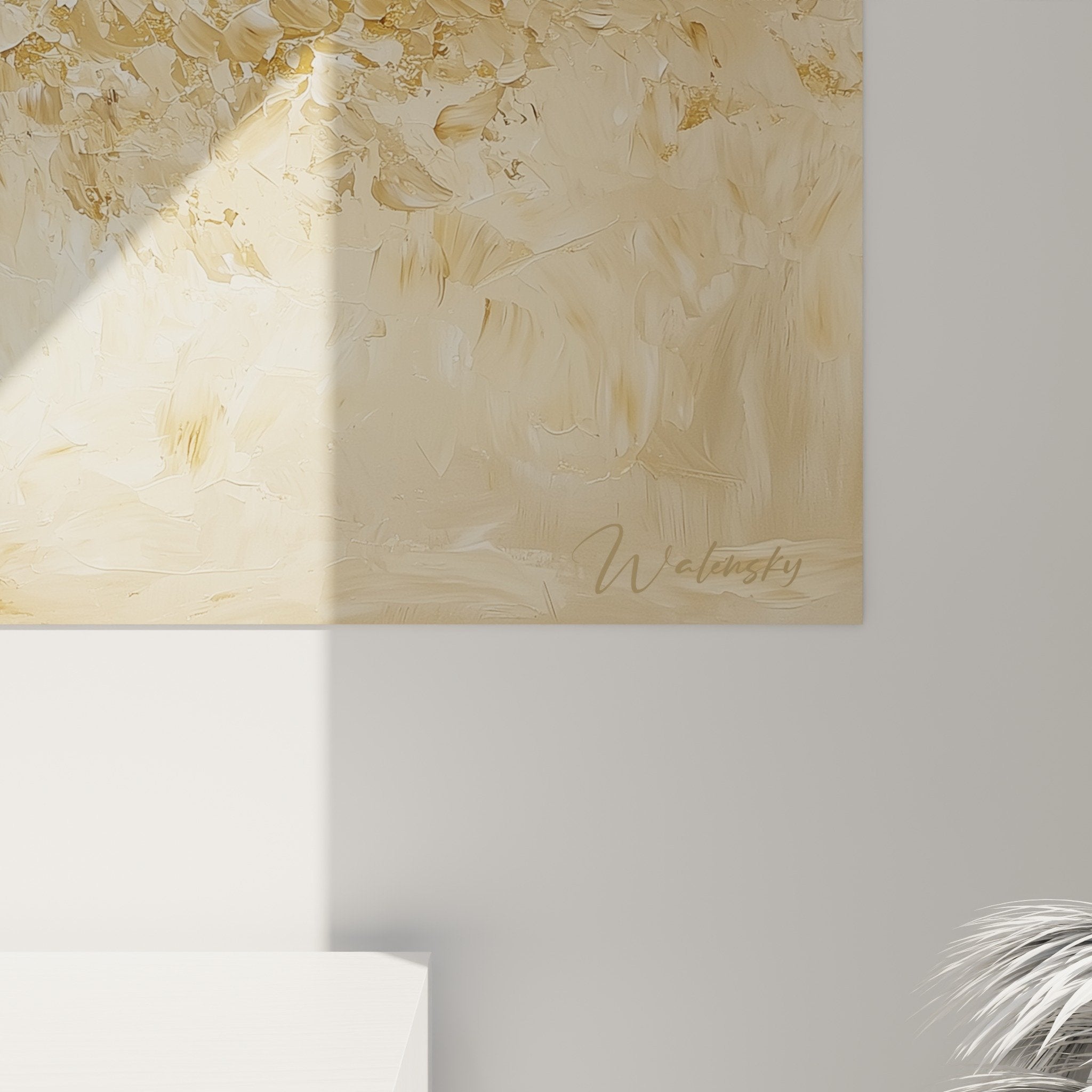 Overview of golden tree of life artwork on white wall in minimalist contemporary interior