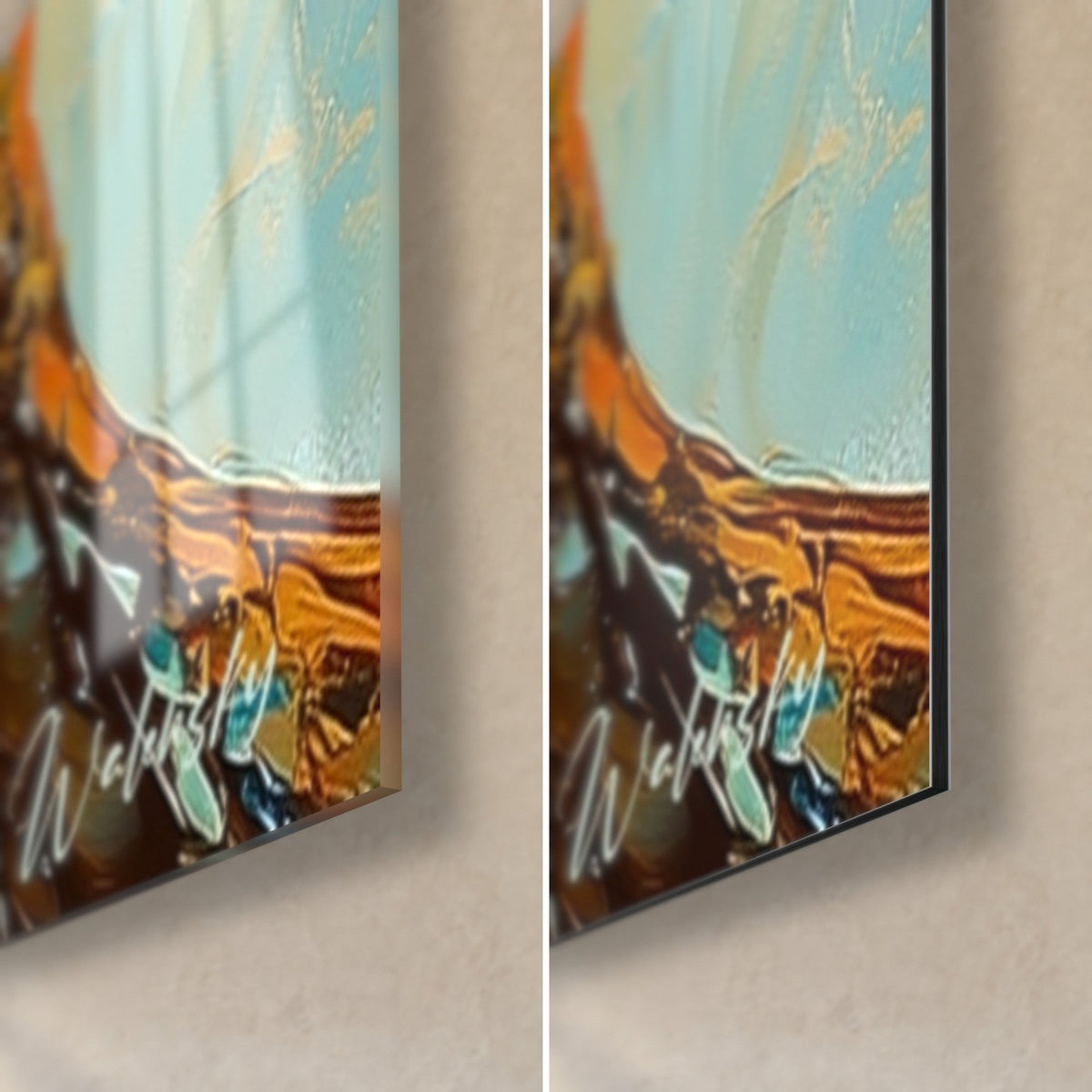 Tableau arbre fleuri, coin bas droit : tronc brun-orangé et signature Walensky, verre brillant à gauche, alu Dibond mat à droite, tranche 3 mm