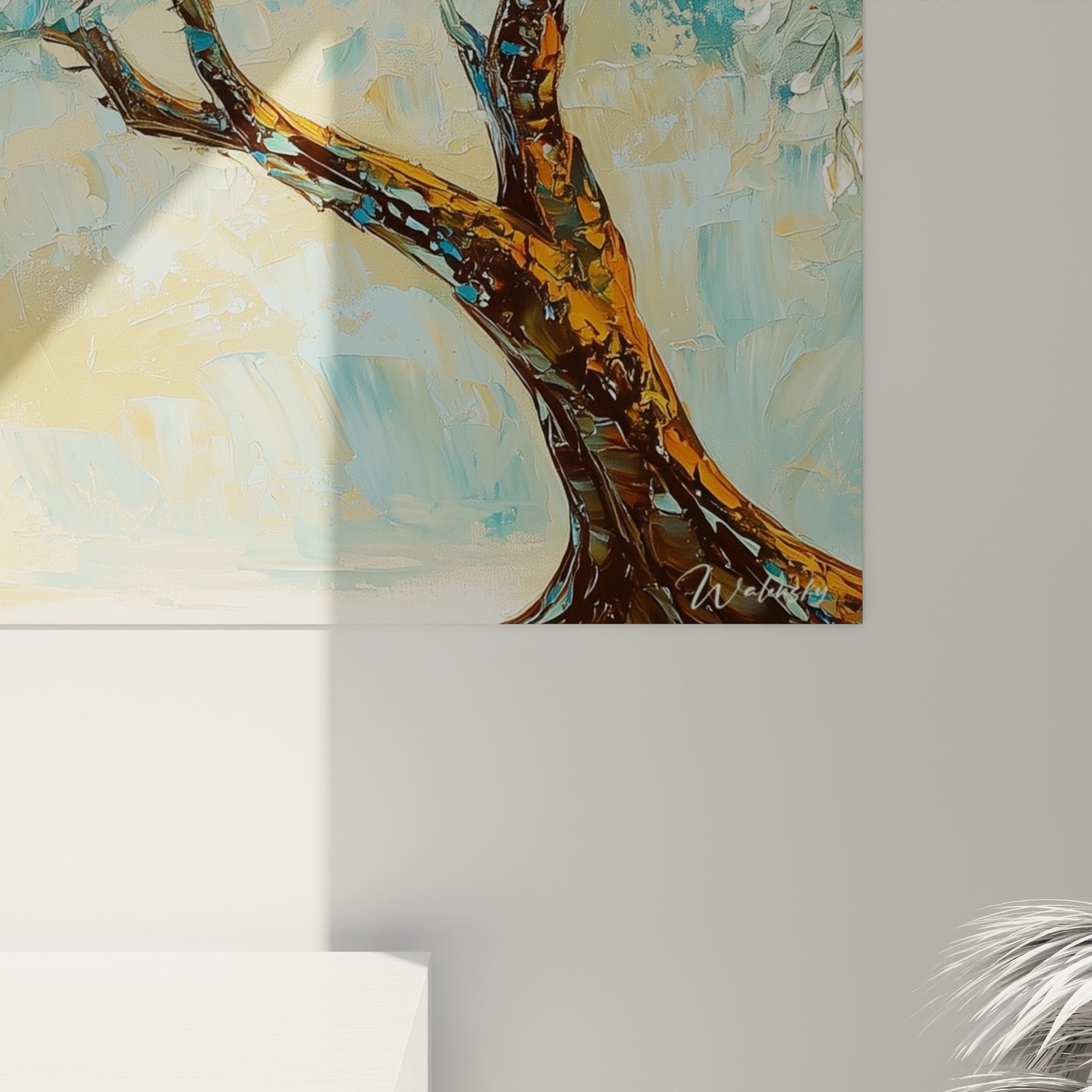 Overview flowering tree turquoise gold artwork in modern interior zen wall decoration