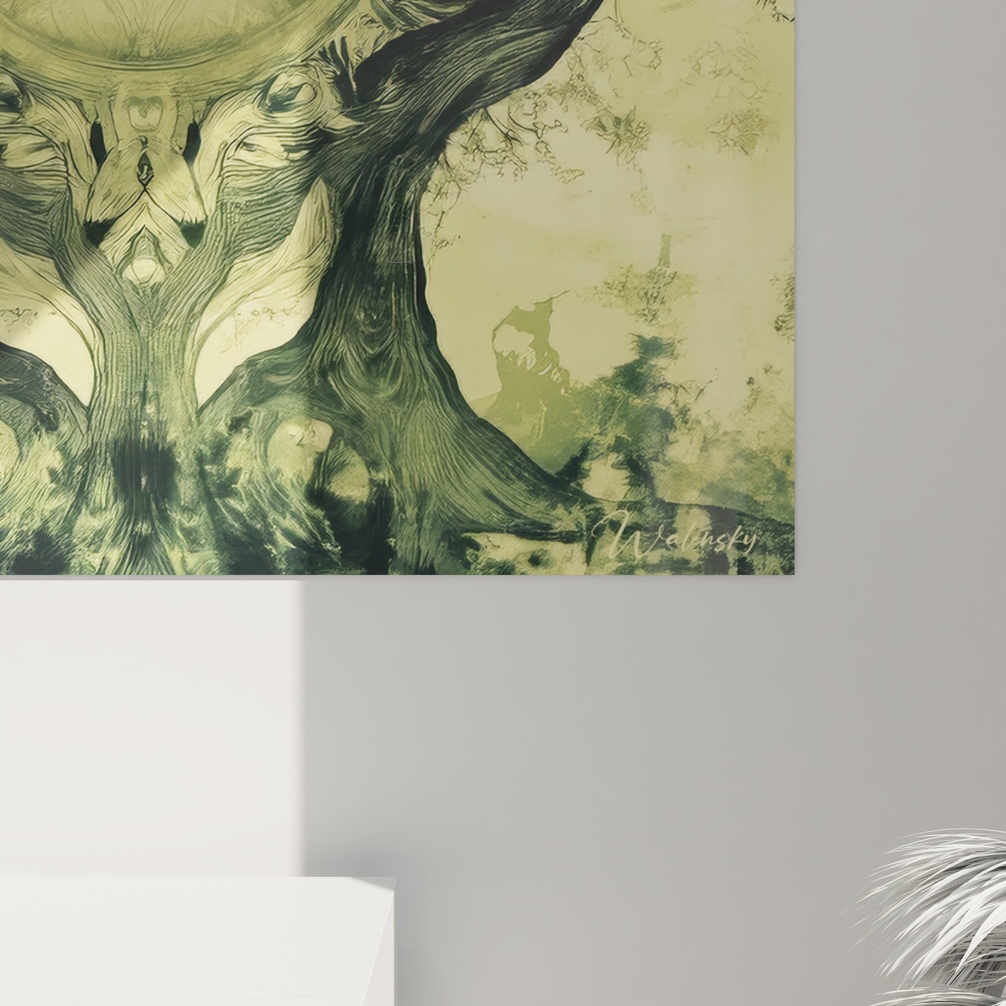 Vue d'ensemble tableau mural arbre de vie fractal, composition symétrique mandala central art numérique