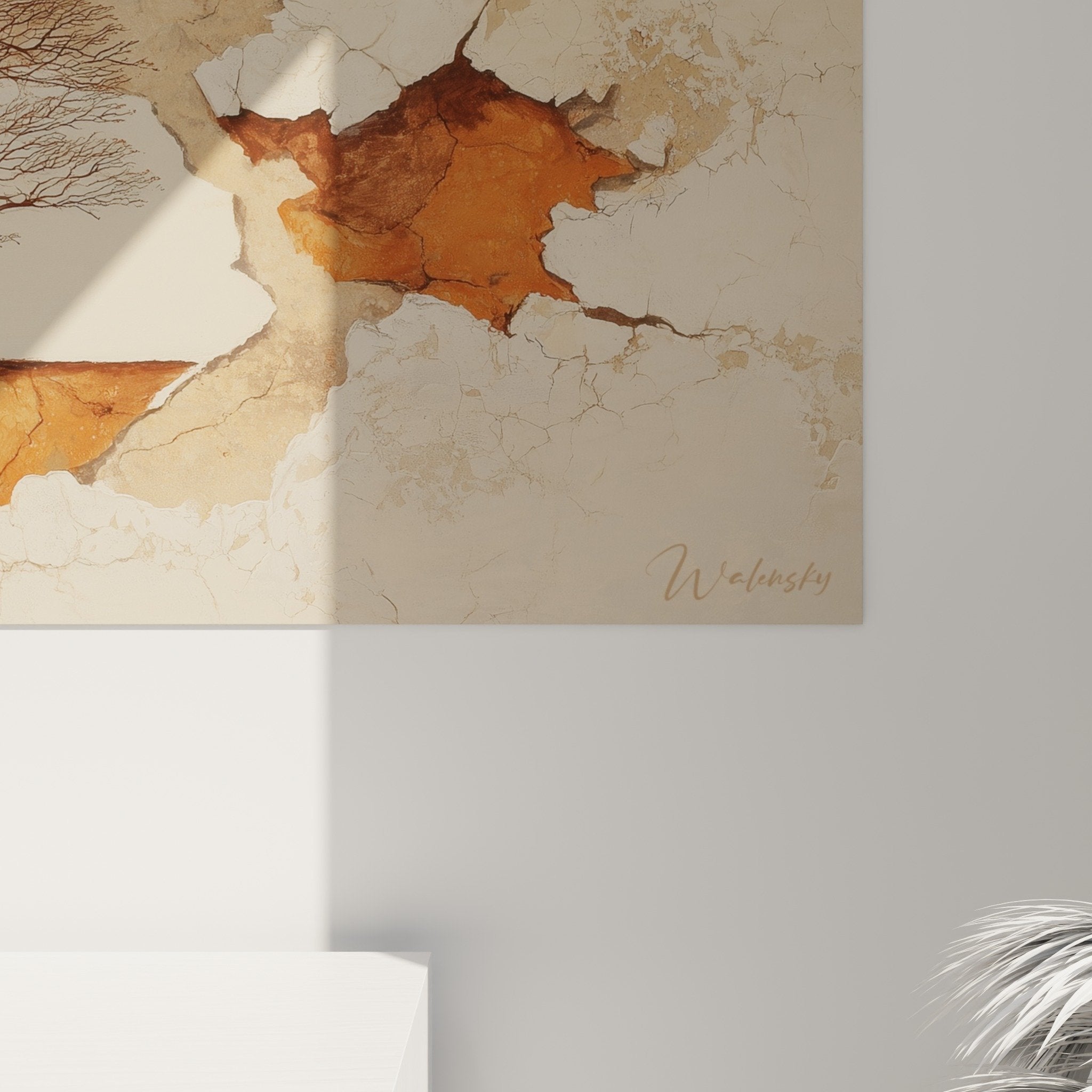Overview wall art trees silhouettes crackled beige ochre background Feng shui decoration