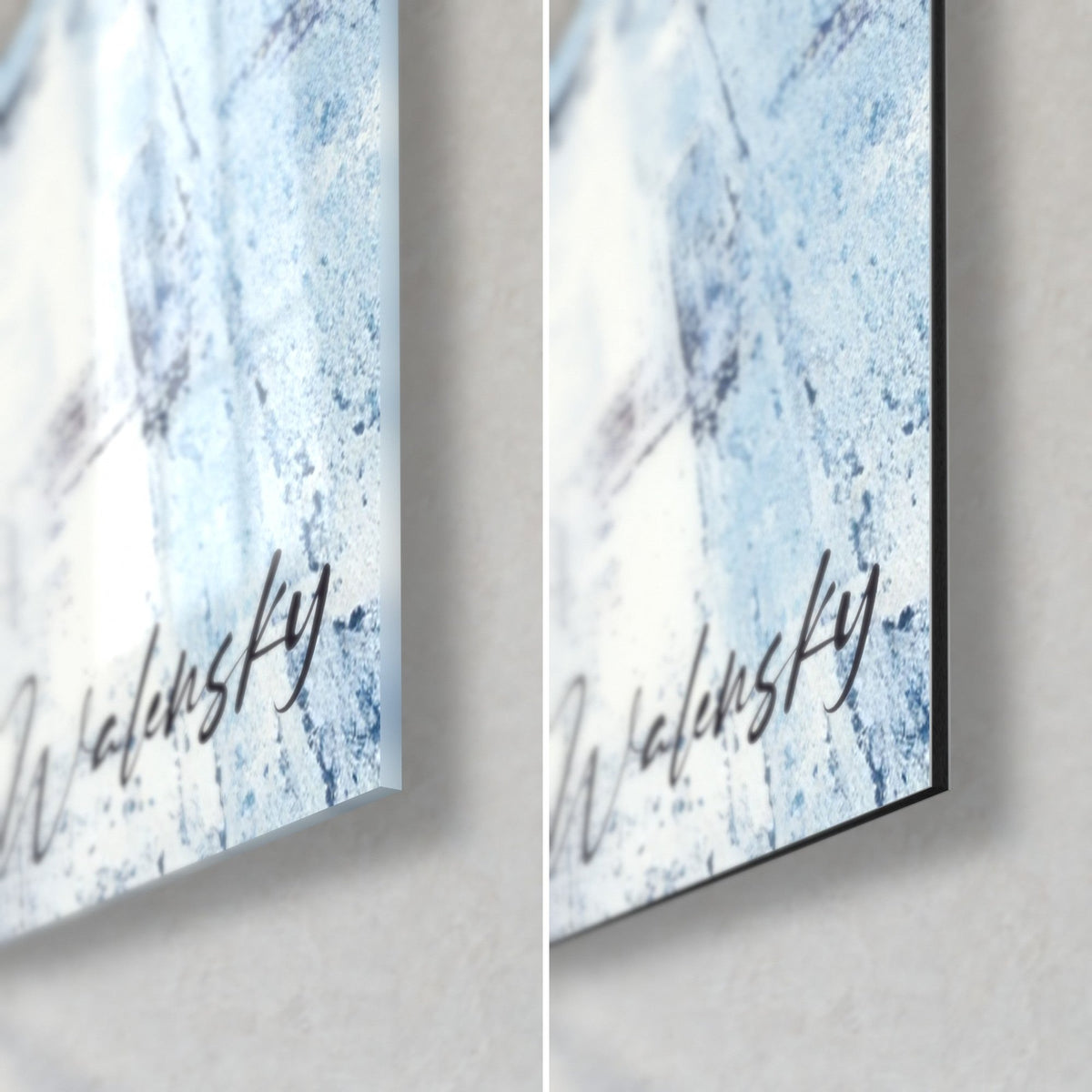 Tableau rampe incurvée bleu marine et blanc givré, coin bas droit, verre acrylique brillant et alu Dibond noir mat