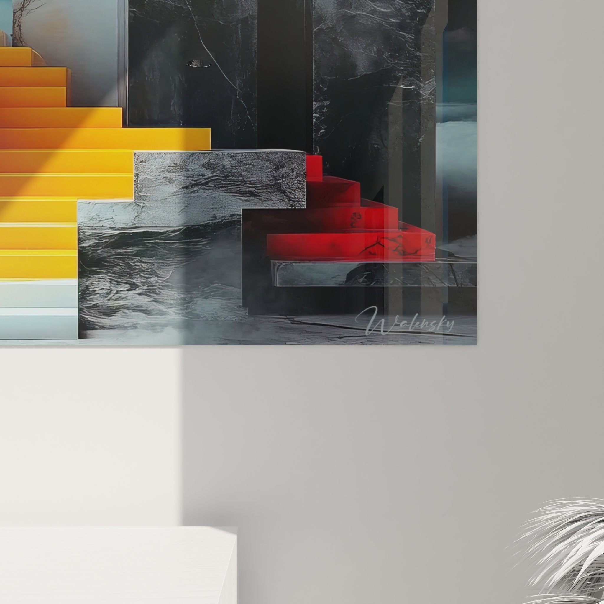 Vue d'ensemble tableau mural architecture géométrique avec escaliers colorés et structures abstraites