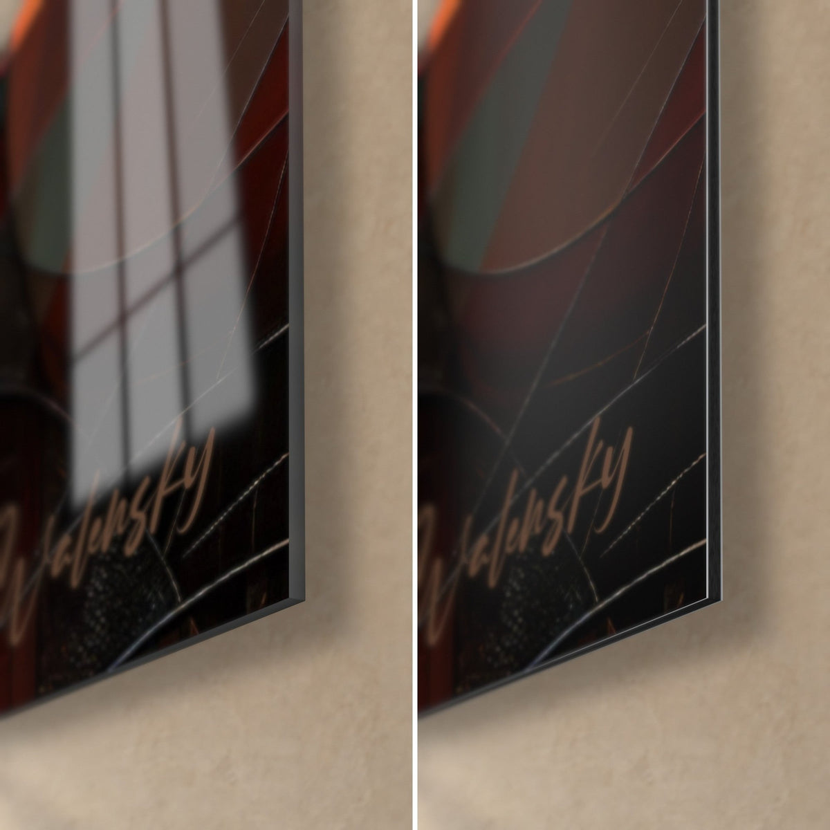 Tableau arcs gothiques en lumière orange, coin bas droit : verre acrylique brillant à gauche, alu Dibond mat à droite, tranche de 3 mm