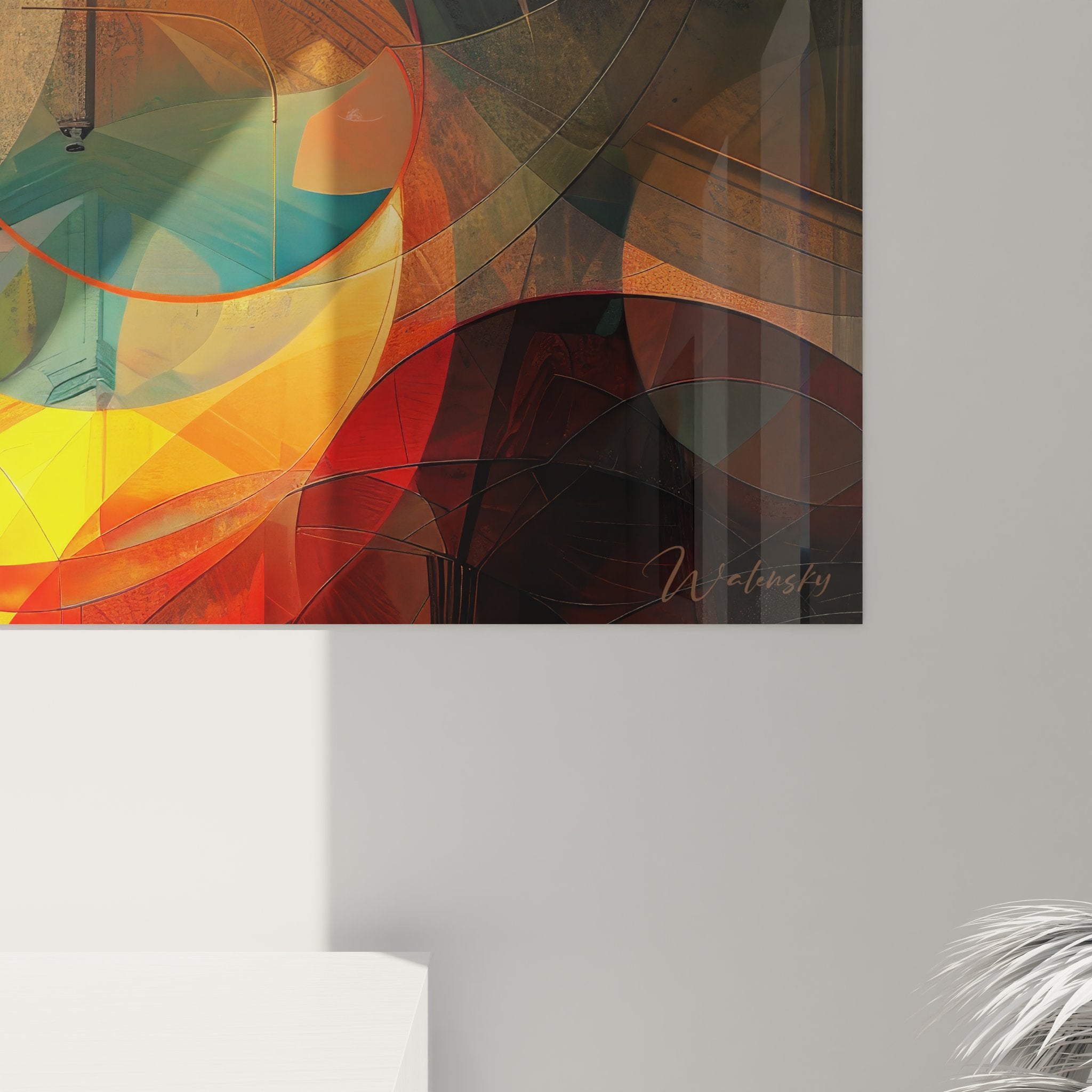 Vue ensemble tableau mural architecture gothique moderne avec jeux lumière et formes géométriques colorées