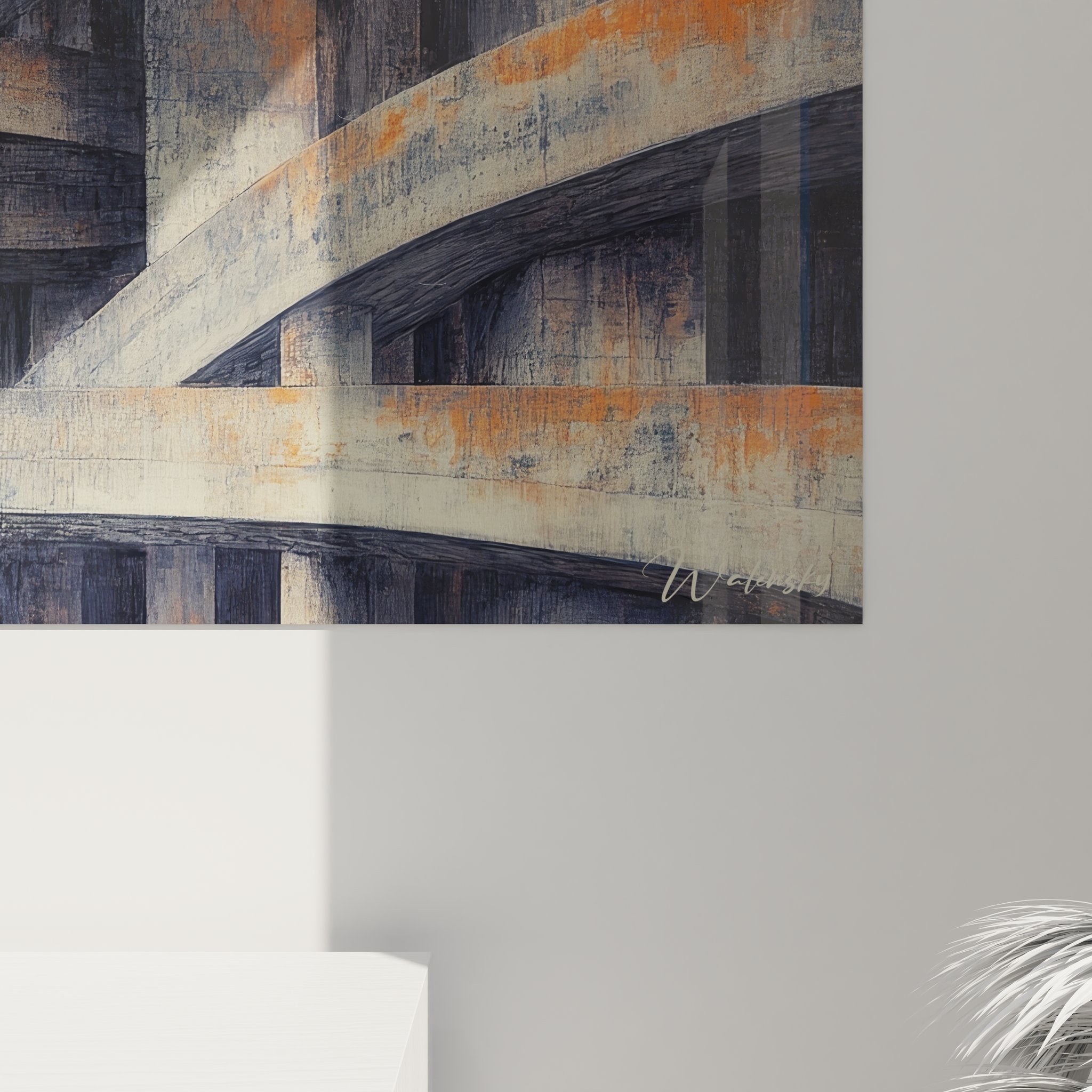 Vue ensemble tableau mural poutres architecturales décoration intérieur