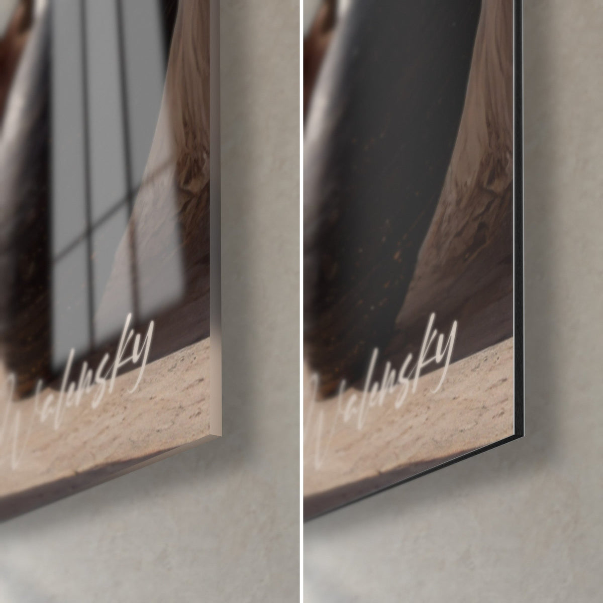 Wall art white pisé village and brown jars, bottom right corner: glossy acrylic glass reflecting the window, matt Dibond aluminium, 3 mm thickness