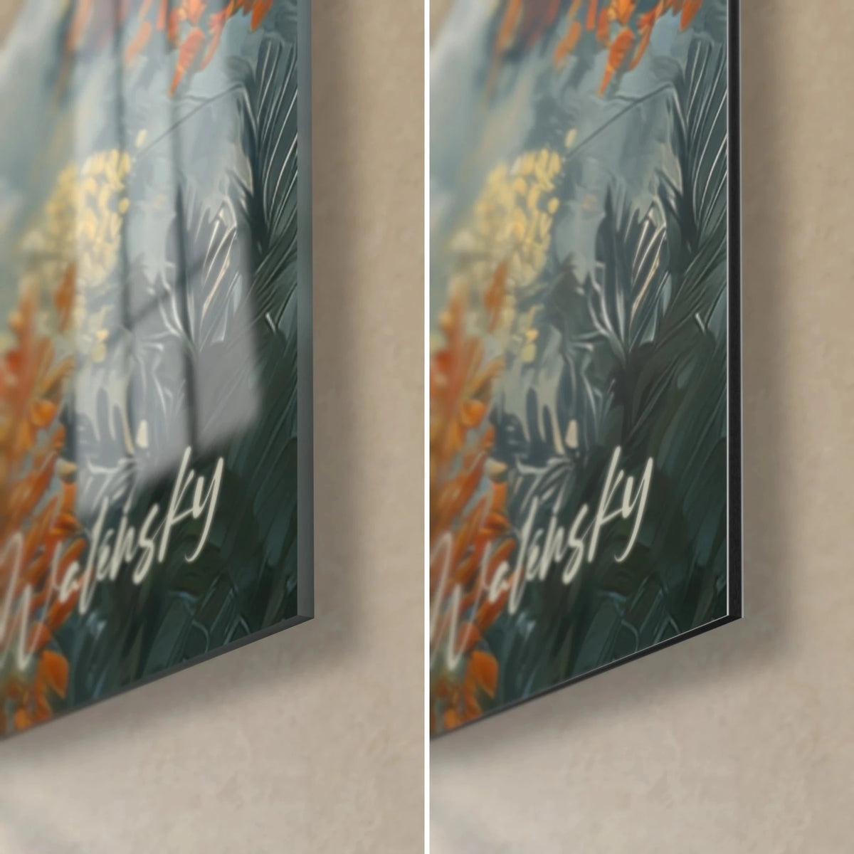 Wall art of a prehistoric bird with slate blue and orange feathers, bottom right corner, glossy acrylic glass on the left, matt Dibond on the right