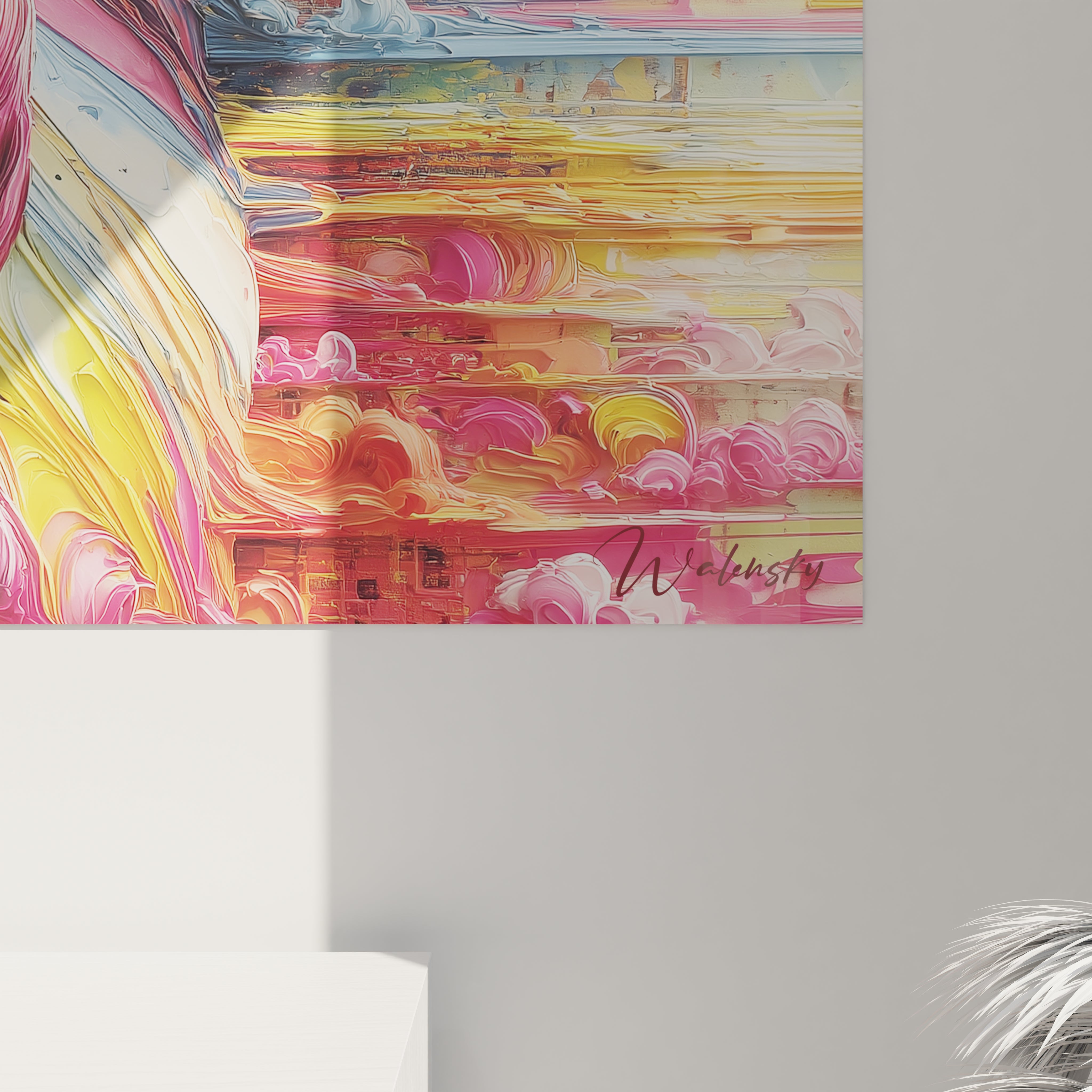 Vue ensemble tableau mural art abstrait visage coloré décoration intérieure contemporaine