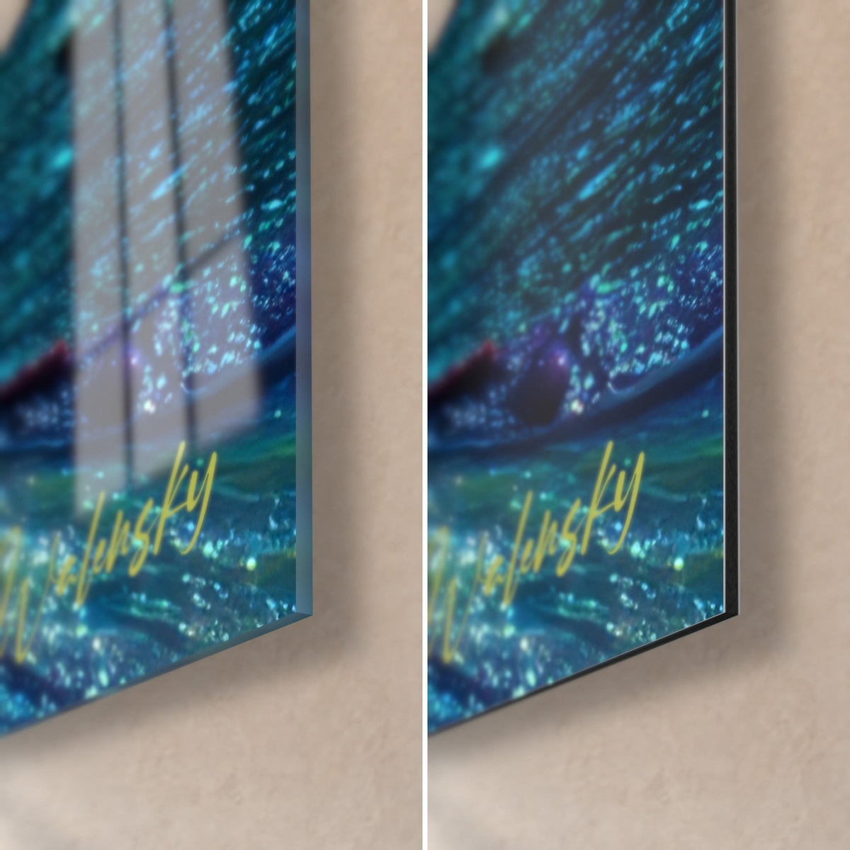 Wall art with thick turquoise texture and golden glitter, bottom right corner, glossy acrylic glass and matte Dibond, 3 mm edge
