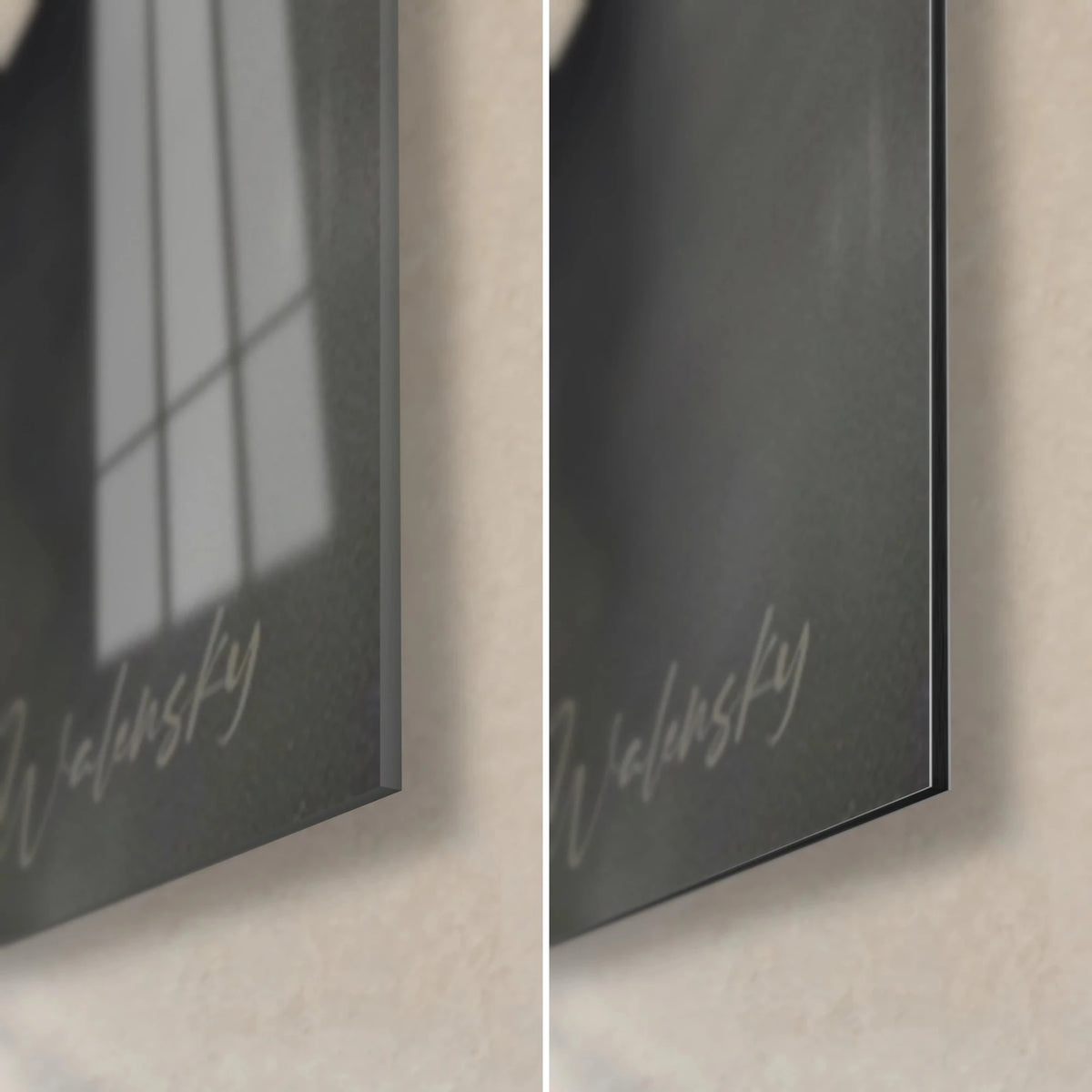 Cuadro boxeadores en guardia, esquina inferior derecha: cristal acrílico brillante con reflejos a la izquierda, aluminio Dibond negro mate a la derecha, canto de 3 mm