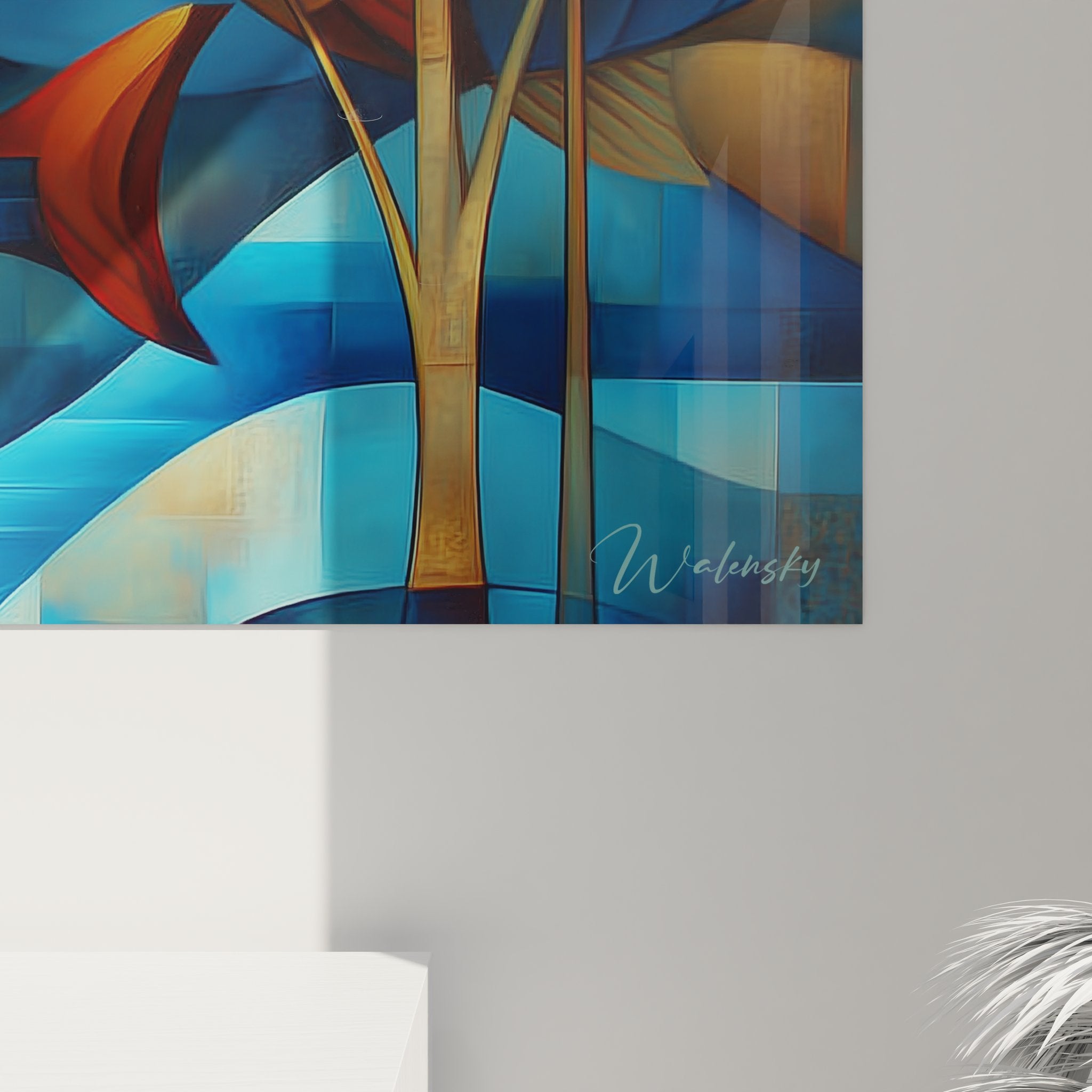 Vue ensemble tableau poissons stylisés géométriques décoration murale marine art cubiste