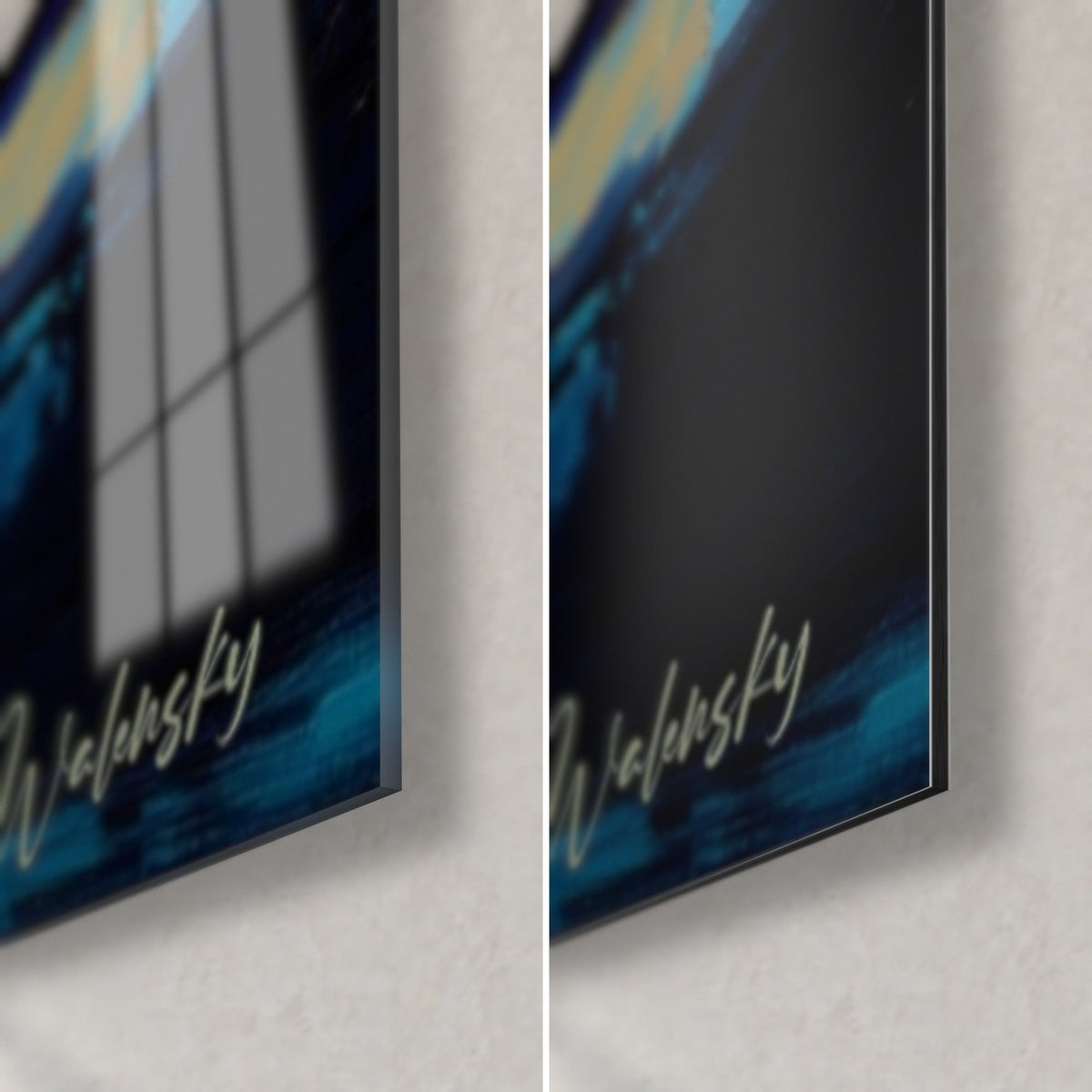Wall art orange and midnight blue eruption, bottom right corner: glossy acrylic glass with reflections on the left, matte Dibond on the right