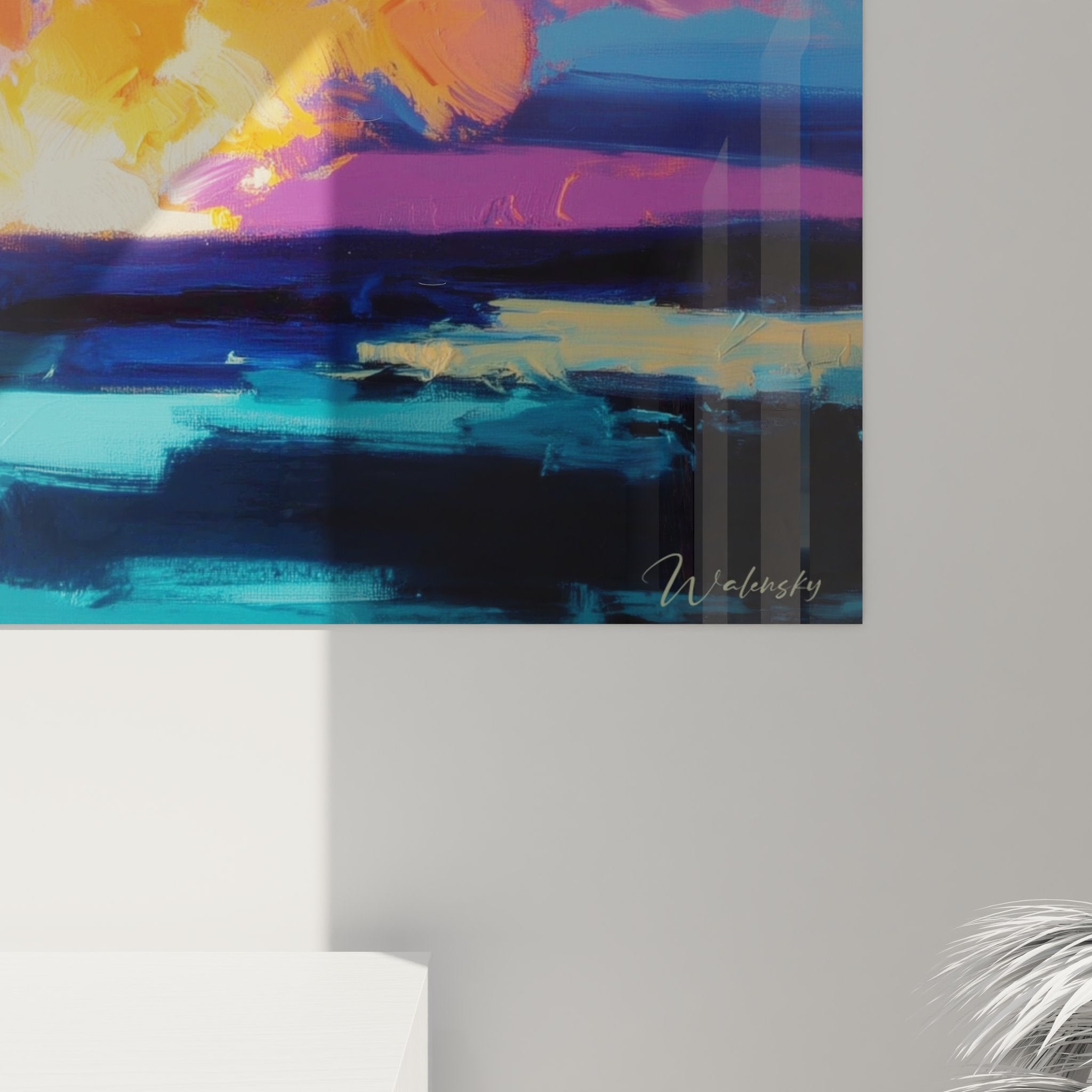 Vue ensemble tableau mural volcan éruption, art décoratif volcanique couleurs vibrantes sur mur blanc