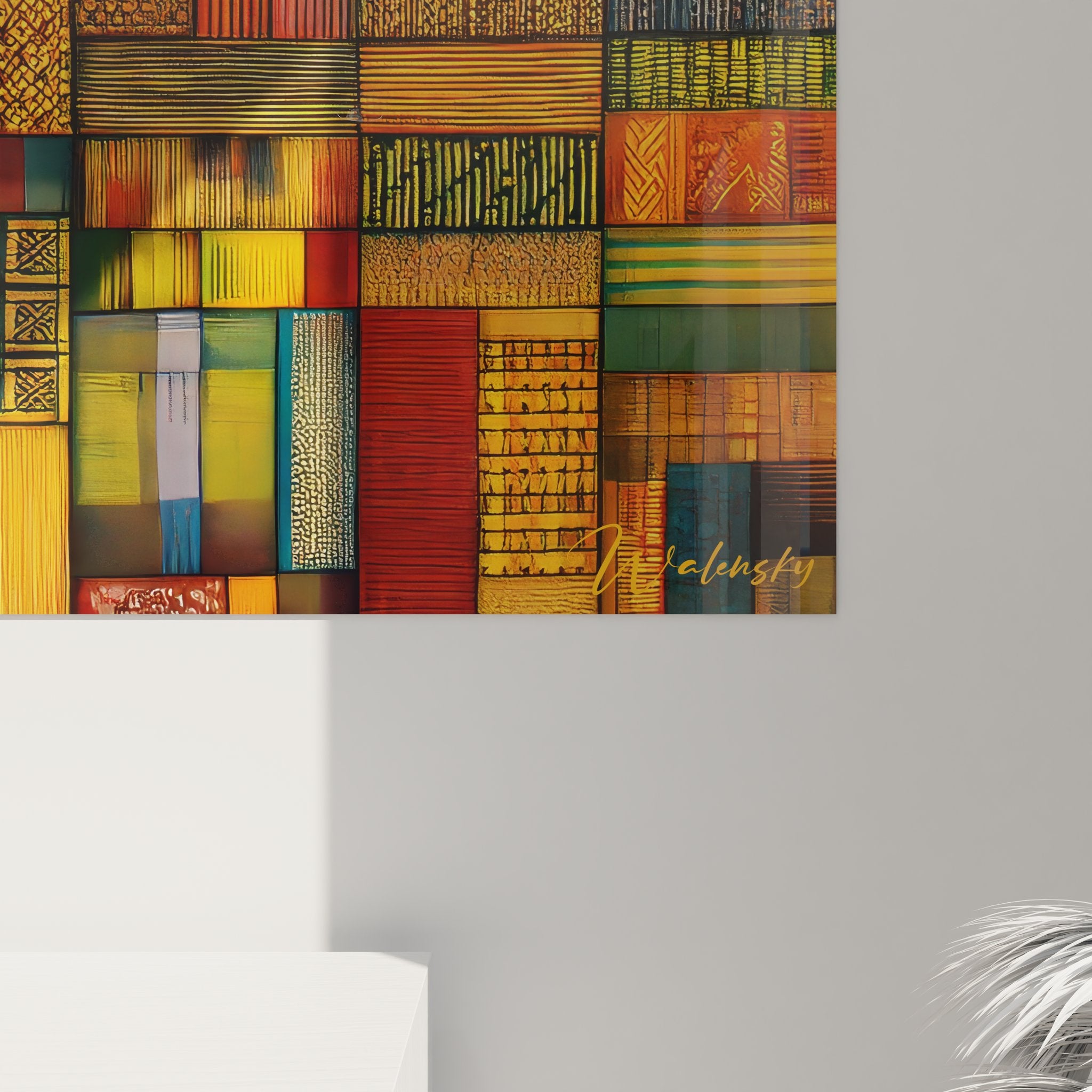 Vue ensemble tableau art tribal africain motifs géométriques mosaïque colorée décoration murale