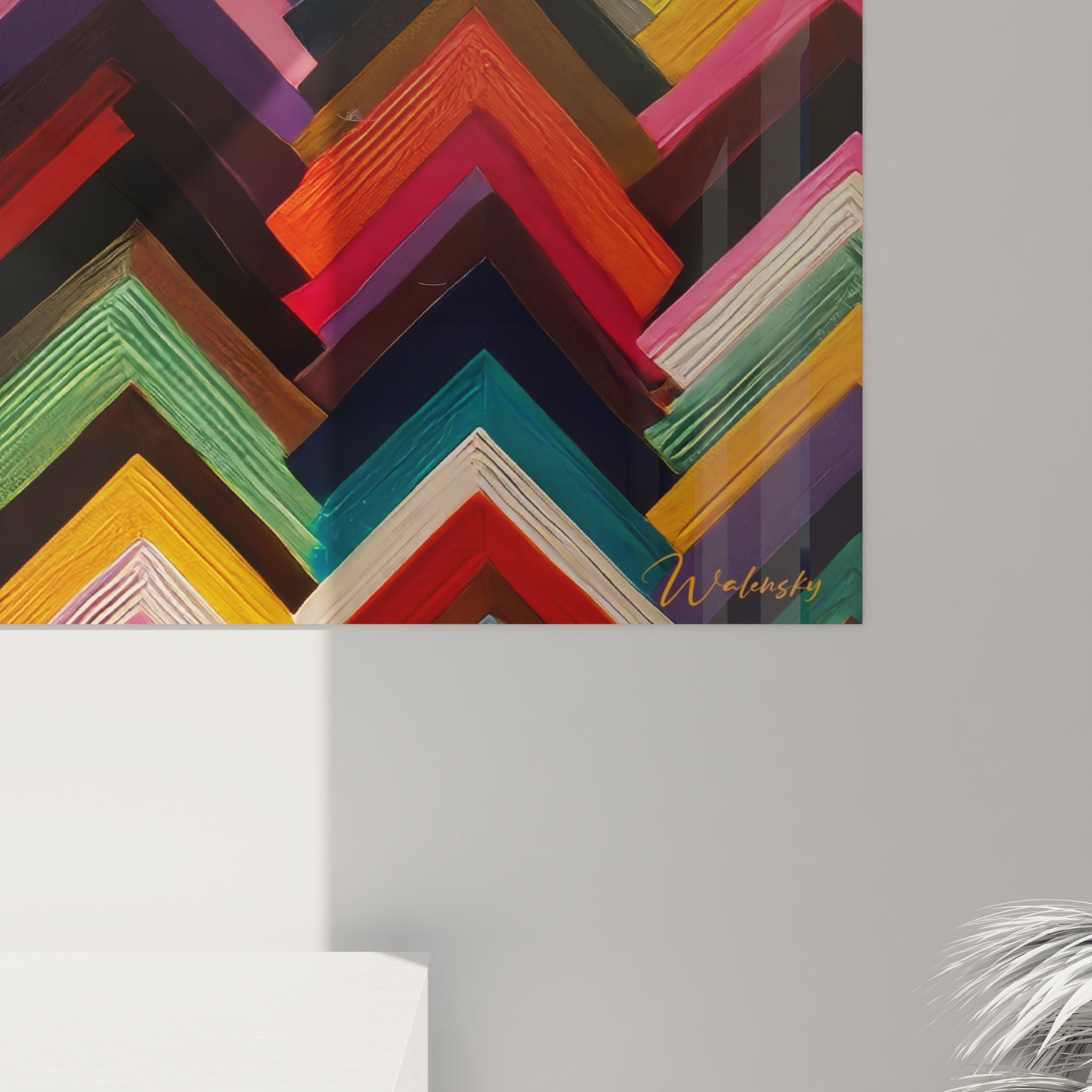 Vue ensemble tableau art tribal africain motifs chevrons multicolores décoration murale ethnique complète