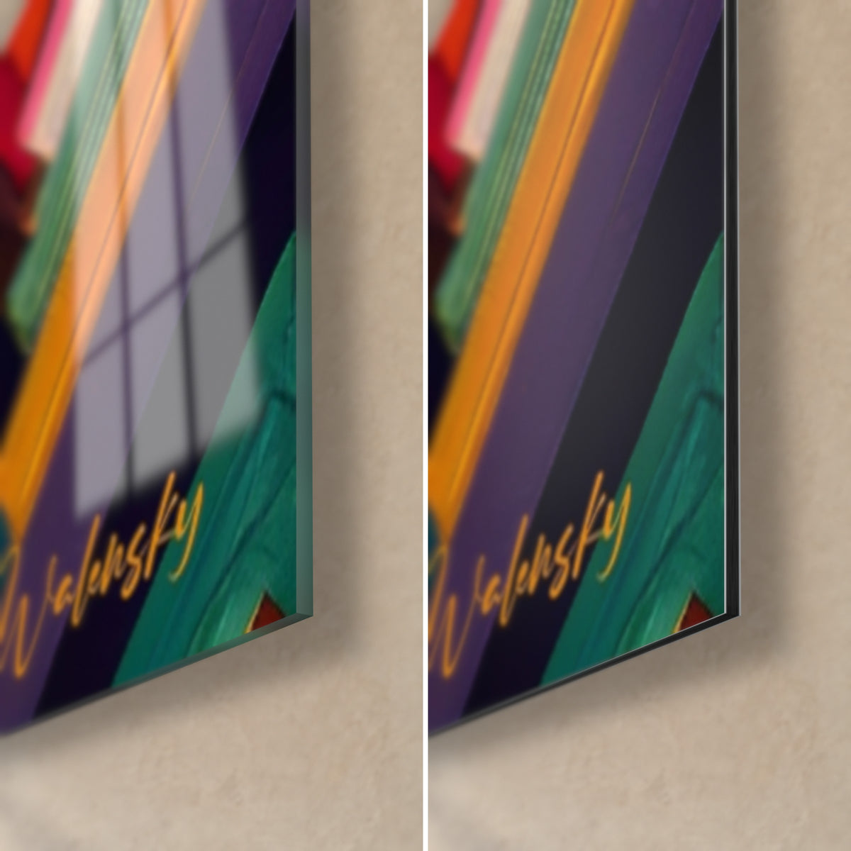 Wall art chevrons with streaked brushstrokes, 3 mm edge, bottom right corner: glossy glass on the left, matt green and violet Dibond on the right