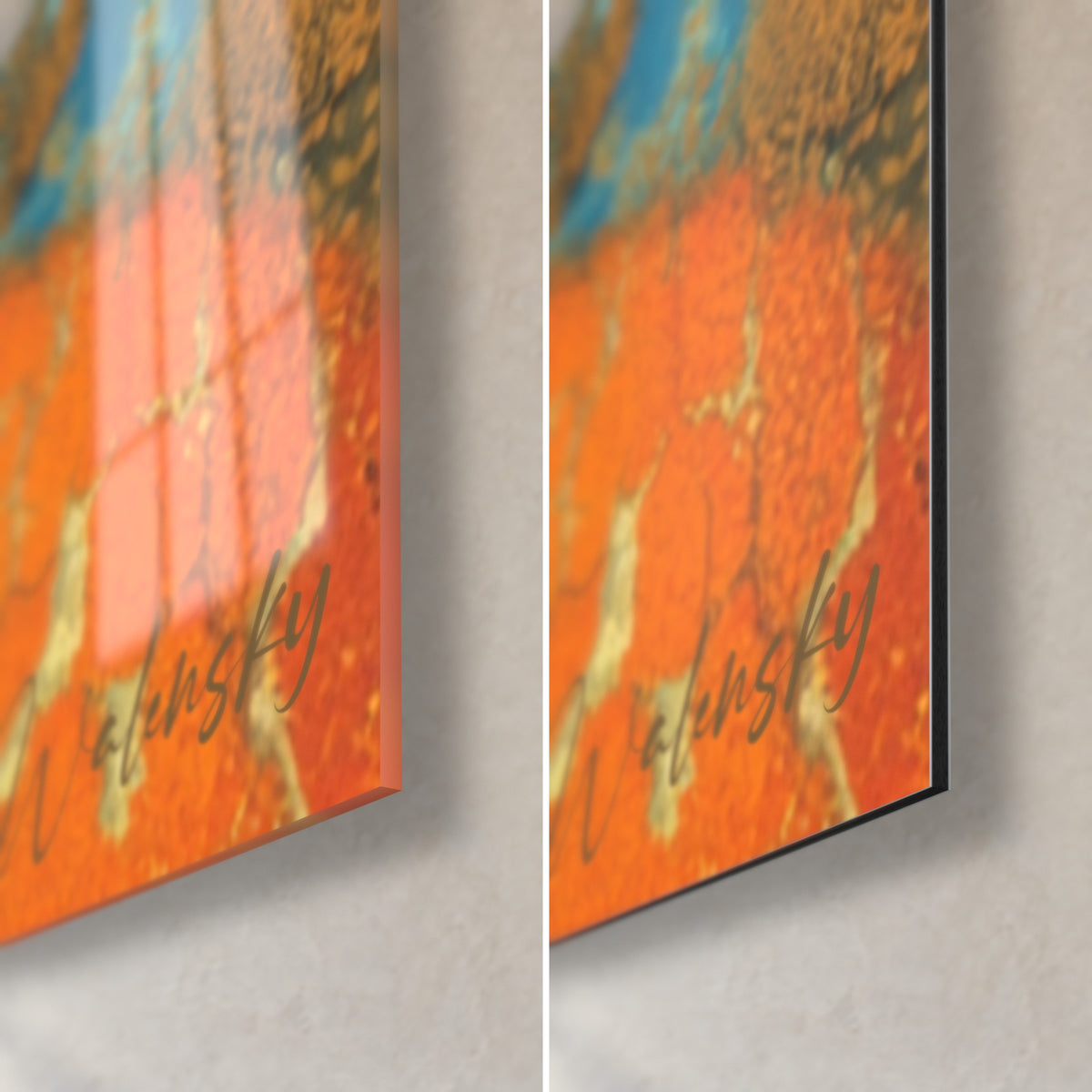Gemälde Atoll aus der Vogelperspektive, untere rechte Ecke mit rissigem Orangekorall, glänzendes Acrylglas links, matte Dibond-Aluminiumplatte rechts