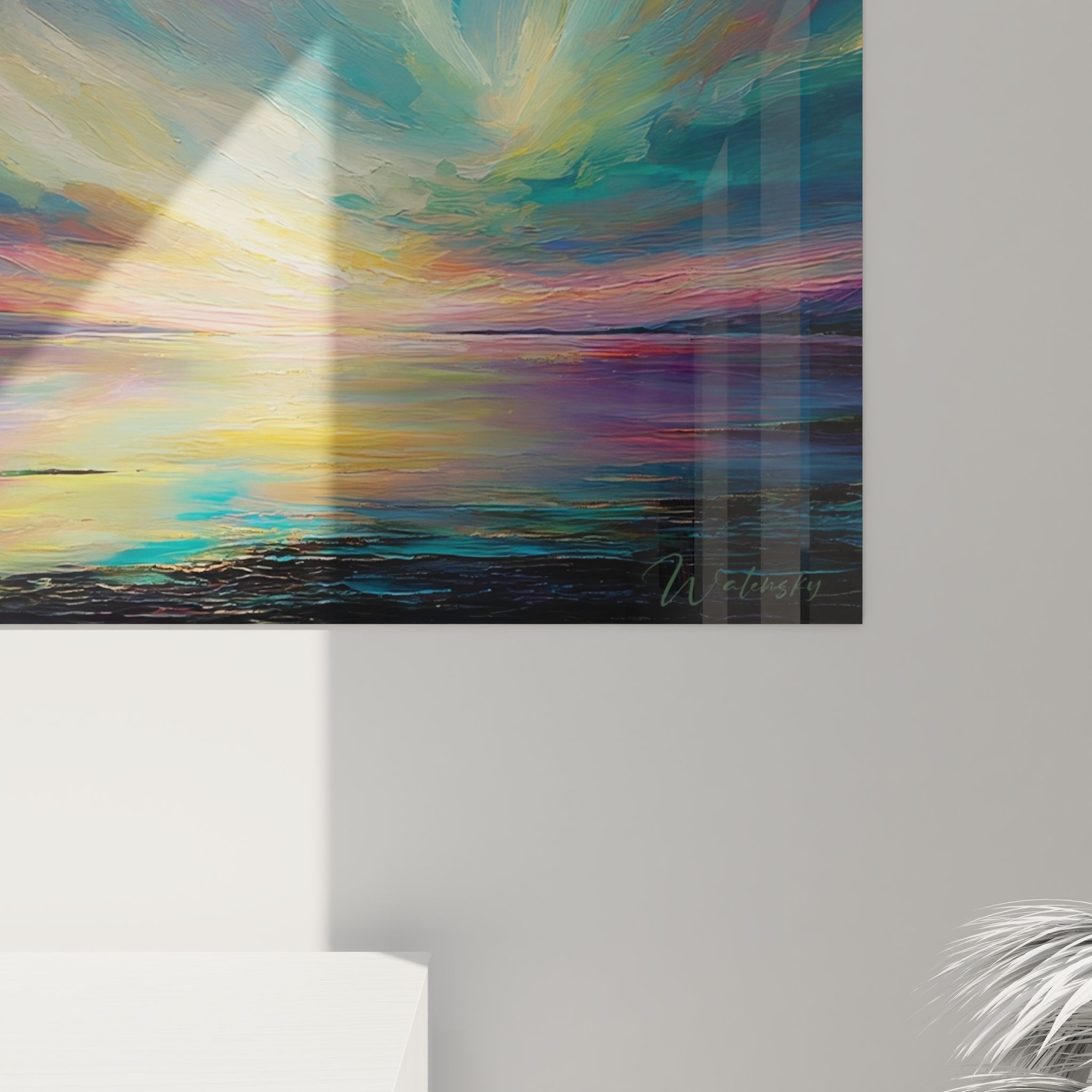 Vue ensemble tableau aurore boréale paysage marin format carré art mural décoratif contemporain coloré