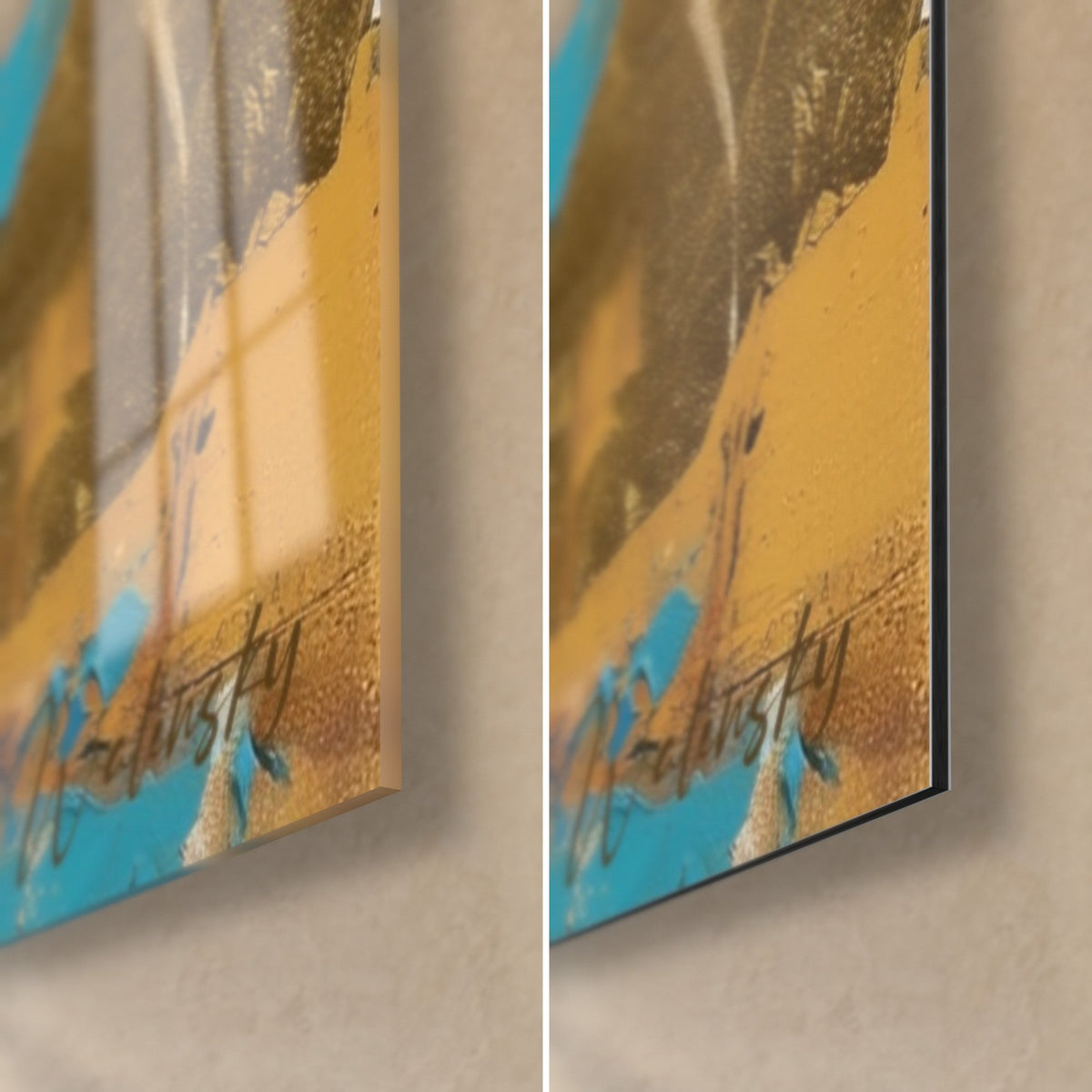 Gemälde großer schwarzer Vogel, untere rechte Ecke: glänzendes Acrylglas links, mattes Dibond-Aluminium rechts, goldene Signatur sichtbar