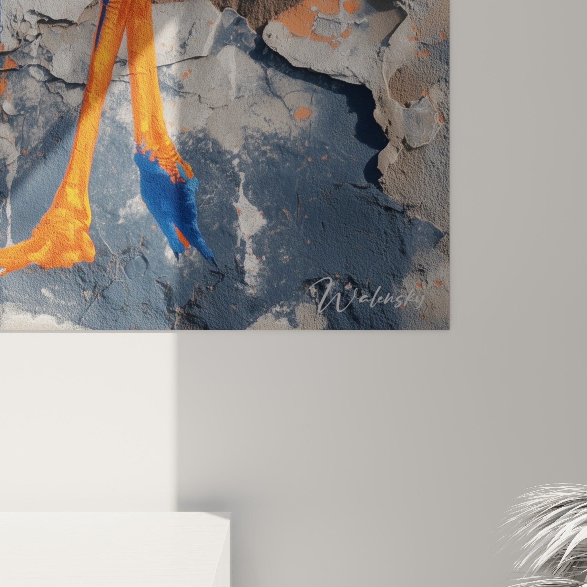 Vue d'ensemble tableau autruche moderne bleu orange fond texturé style urbain contemporain décoratif