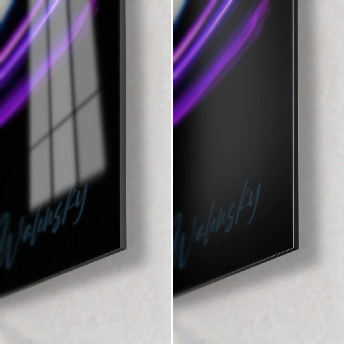 Tableau silhouettes de rameurs en néon bleu et violet, coin bas droit : verre acrylique brillant à gauche, alu Dibond mat à droite