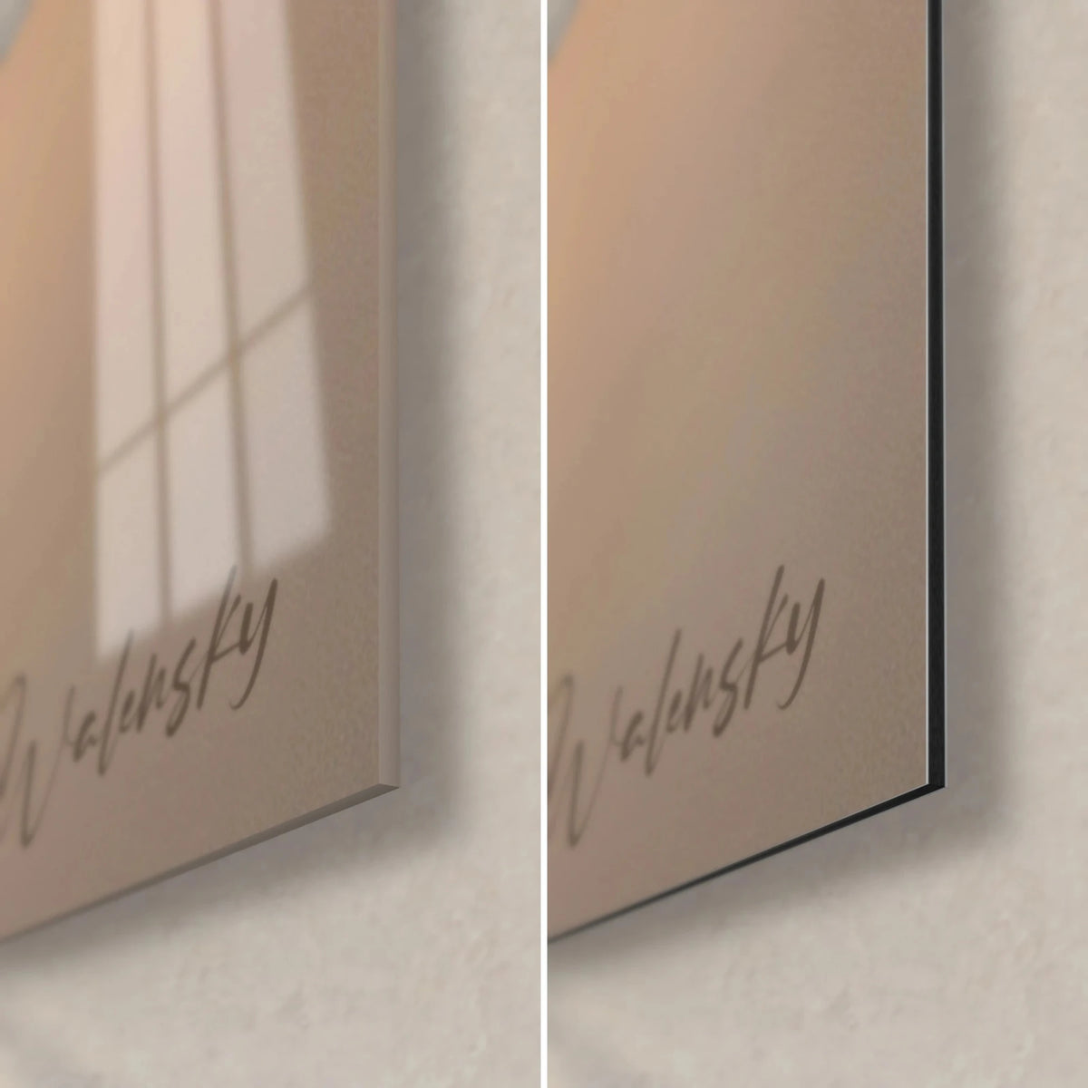 Wall art lone rower against the light, bottom right corner: glossy acrylic glass on the left, matte Dibond aluminium on the right, 3 mm edge