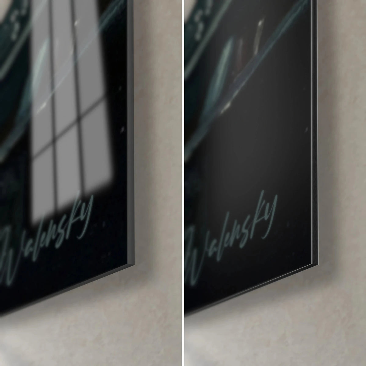 Wall art of a rower in oil painting, black and turquoise lower right corner, glossy acrylic and matte Dibond, 3 mm edge