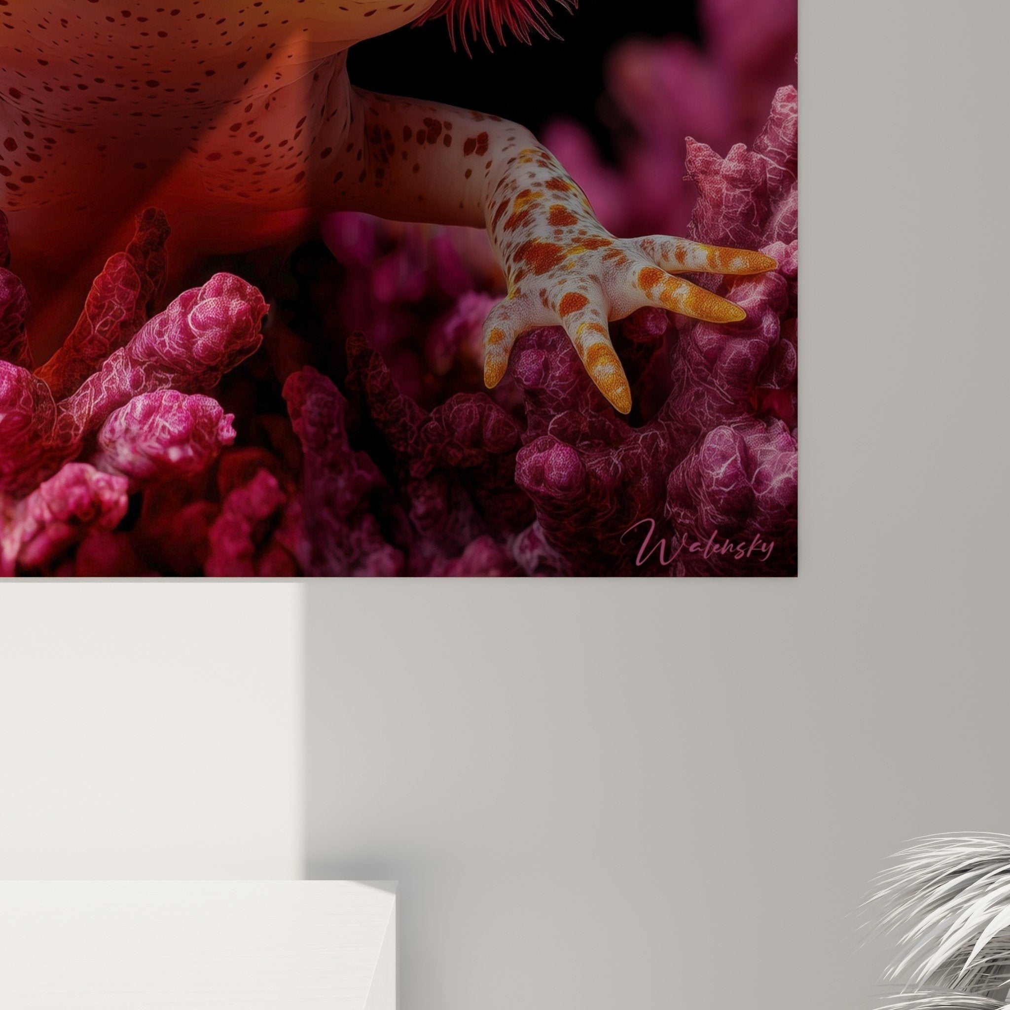 Overview axolotl salamander aquatic animal art painting pink purple orange tones