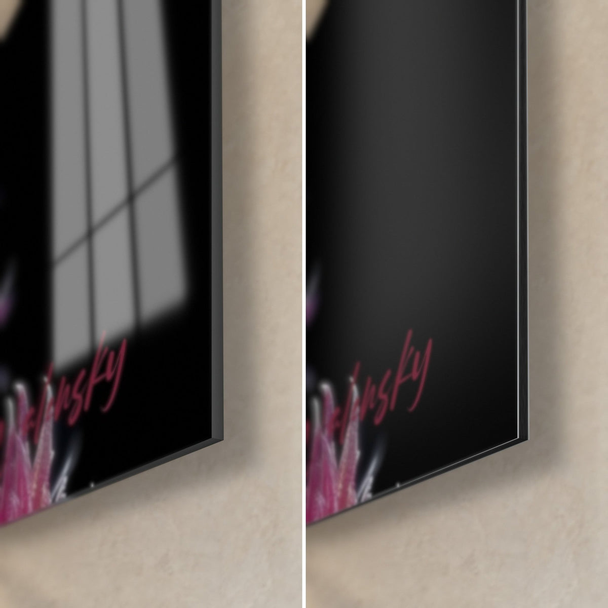 Wall art amphibian with pink gills, bottom right corner: glossy acrylic glass with reflections, matte black Dibond aluminum, 3 mm edge
