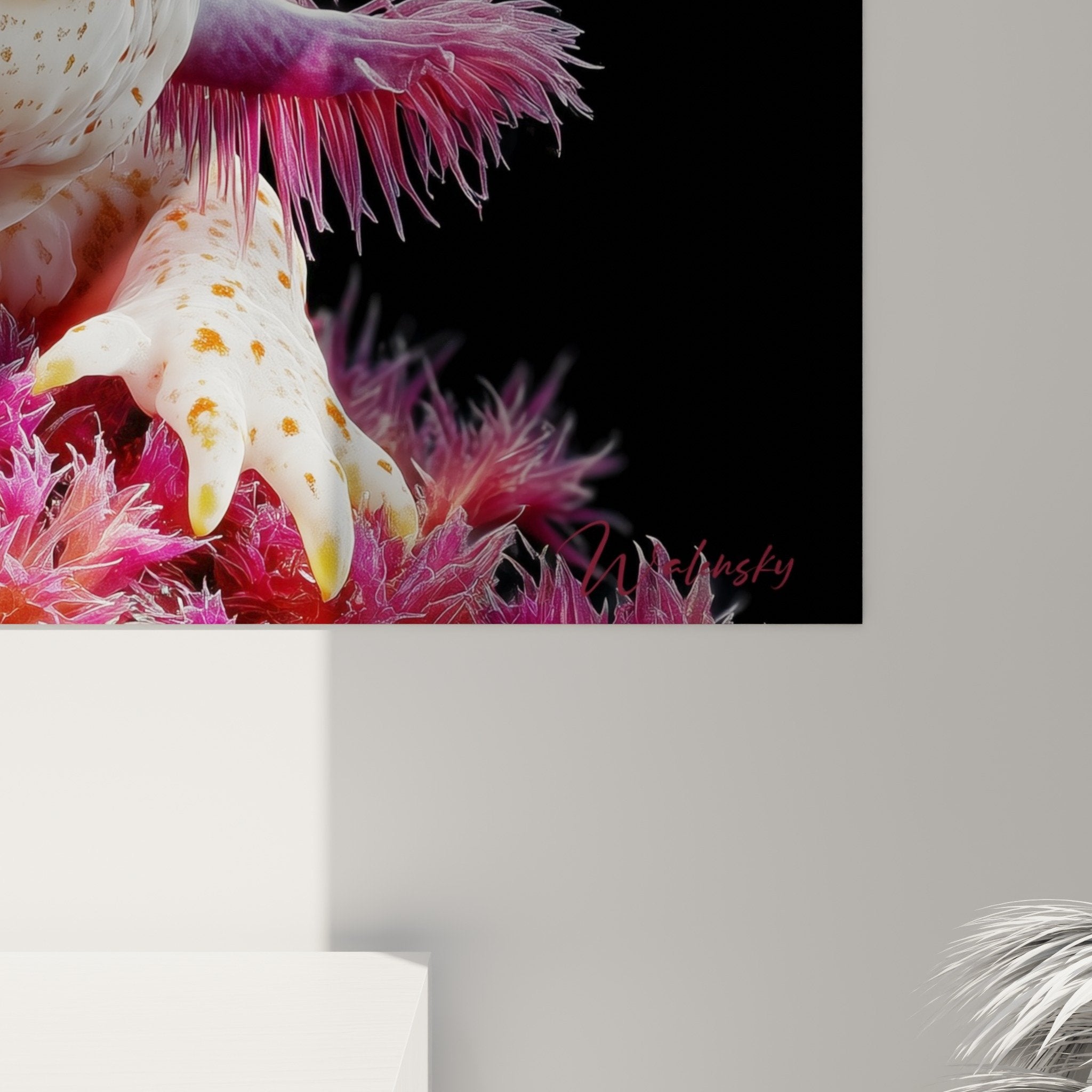 Vue d'ensemble tableau axolotl coloré branchies roses corps tacheté - œuvre art aquatique décorative
