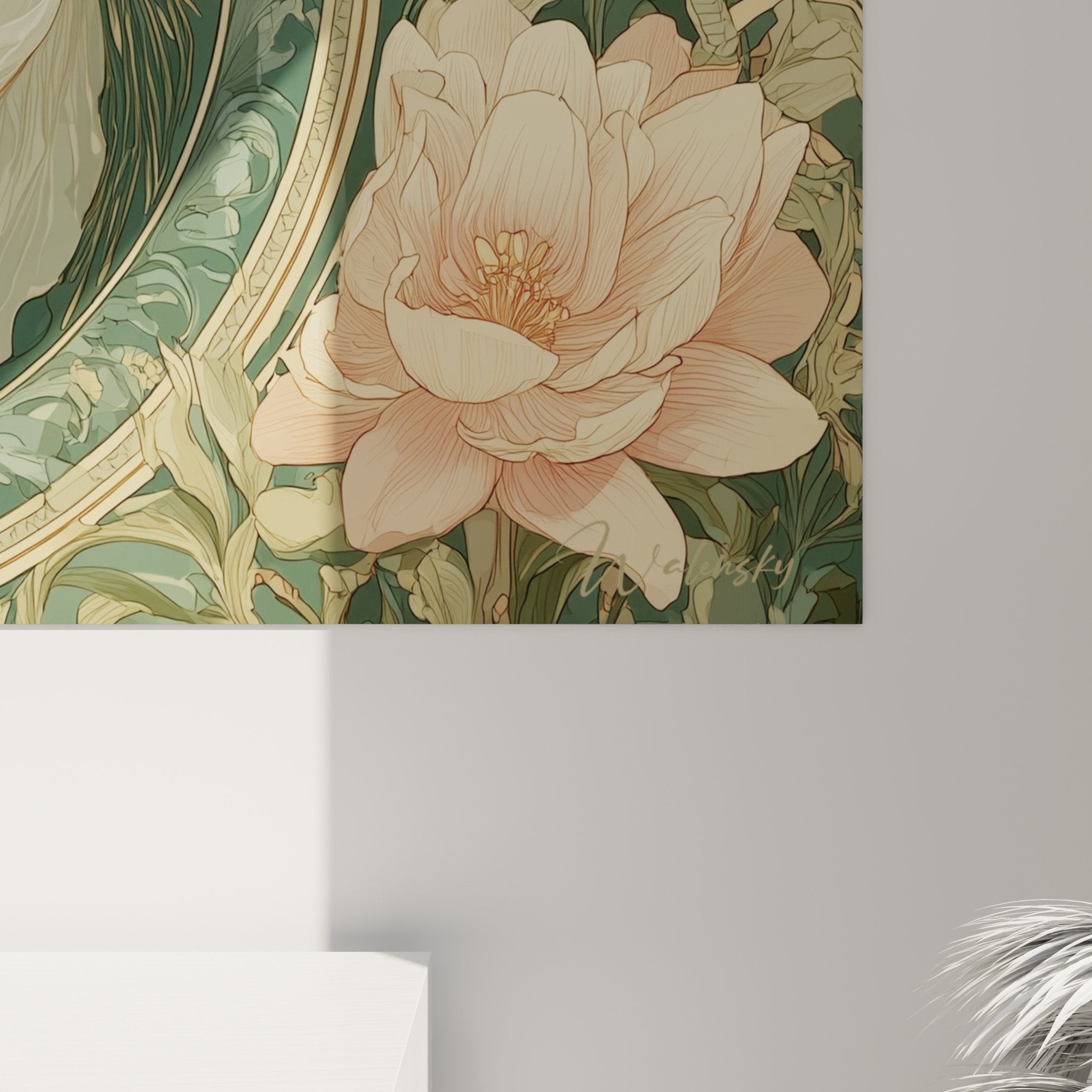 Vue d'ensemble tableau axolotl décoratif motifs floraux roses pour intérieur naturel et raffiné