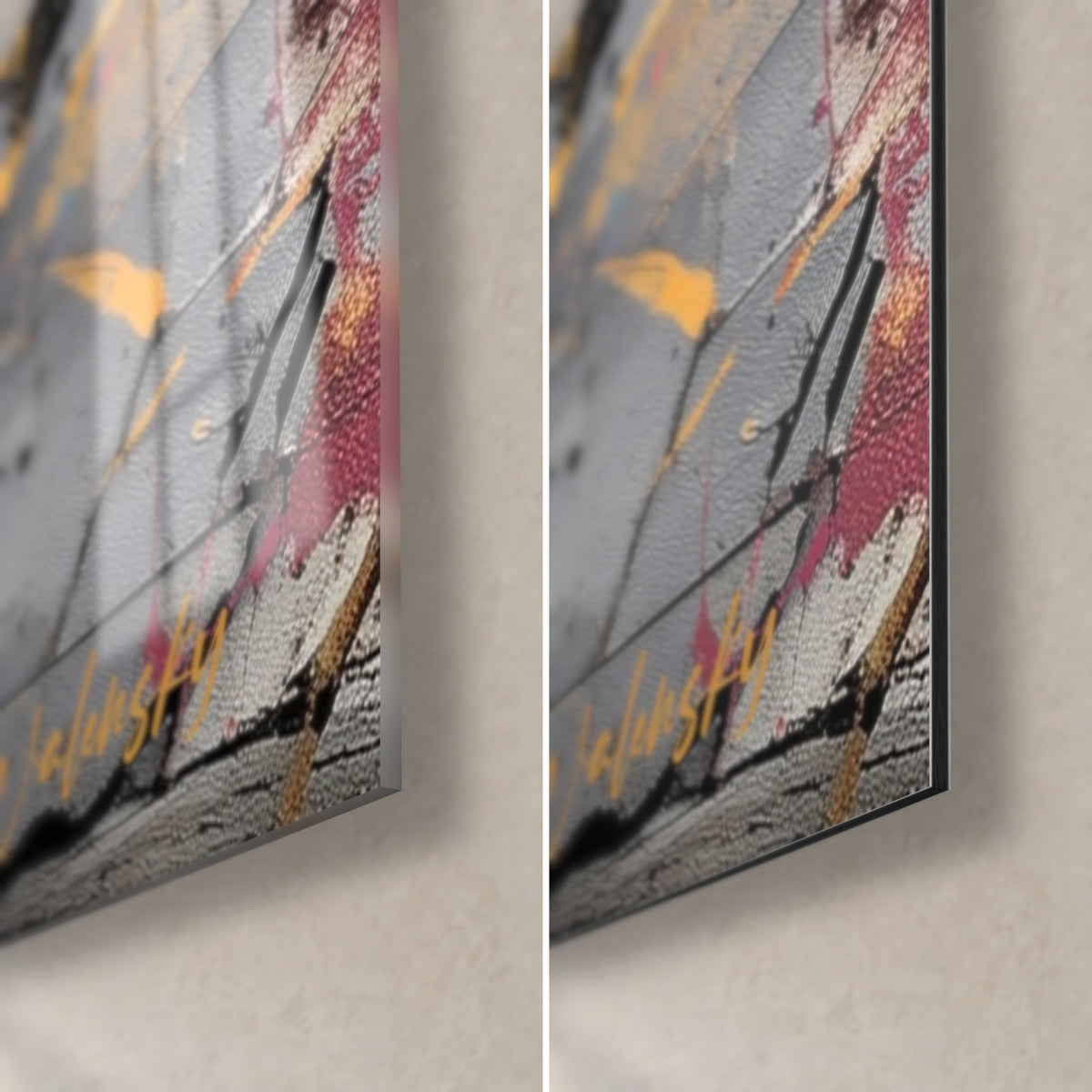 Quadro axolotl graffiti, angolo in basso a destra: vetro acrilico lucido a sinistra, alluminio Dibond grigio opaco a destra, firma oro, bordo da 3 mm