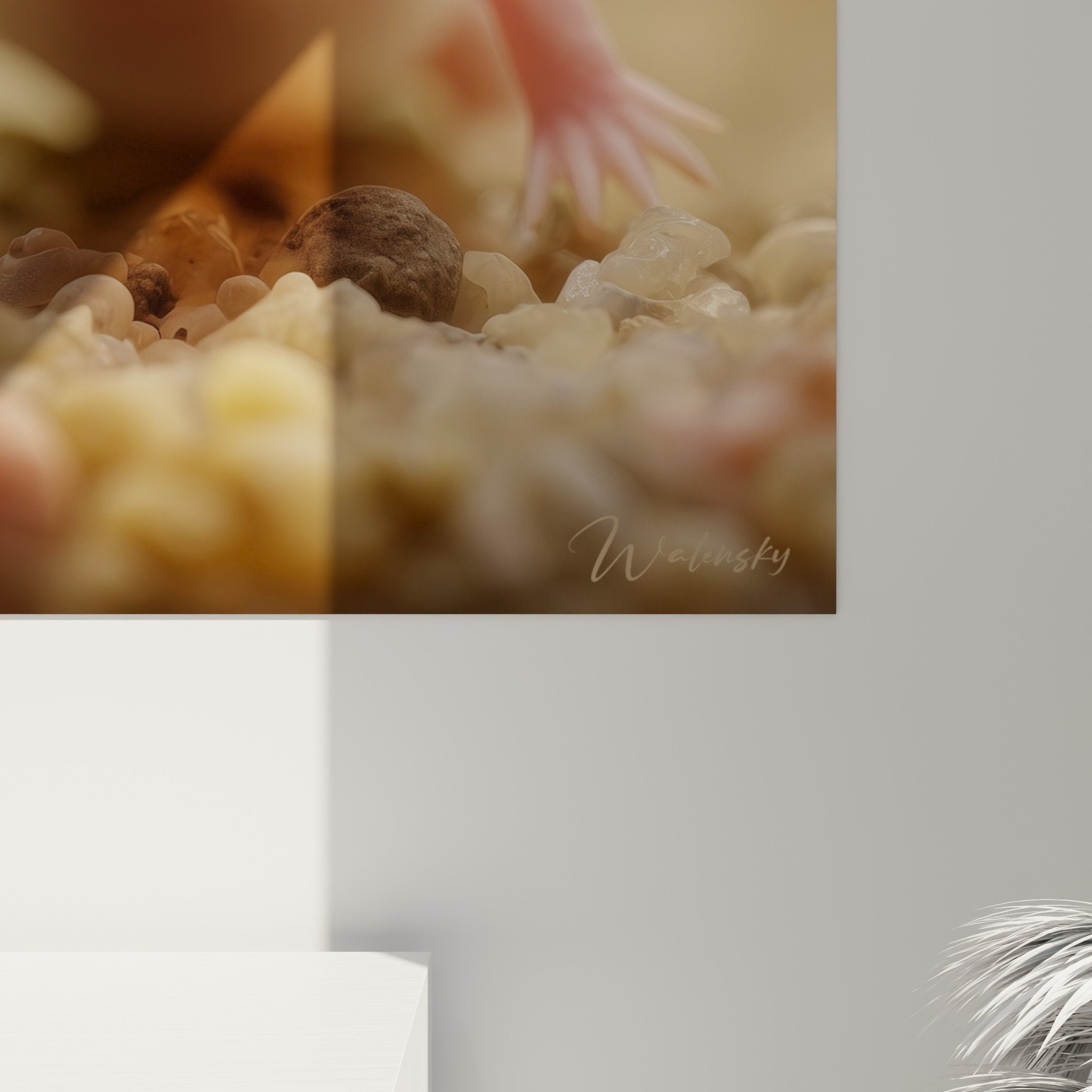 Overview of pink axolotl wall art in contemporary interior with natural lighting