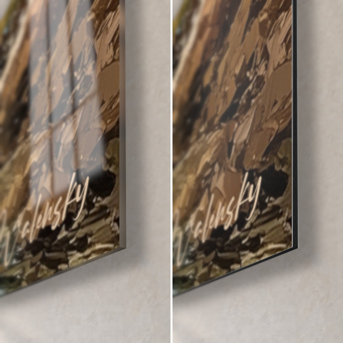 Gemälde einer türkisfarbenen Lagune und eines elfenbeinfarbenen Strands, Detail unten rechts: glänzendes Acrylglas links, mattes Dibond-Aluminium rechts, 3 mm Stärke