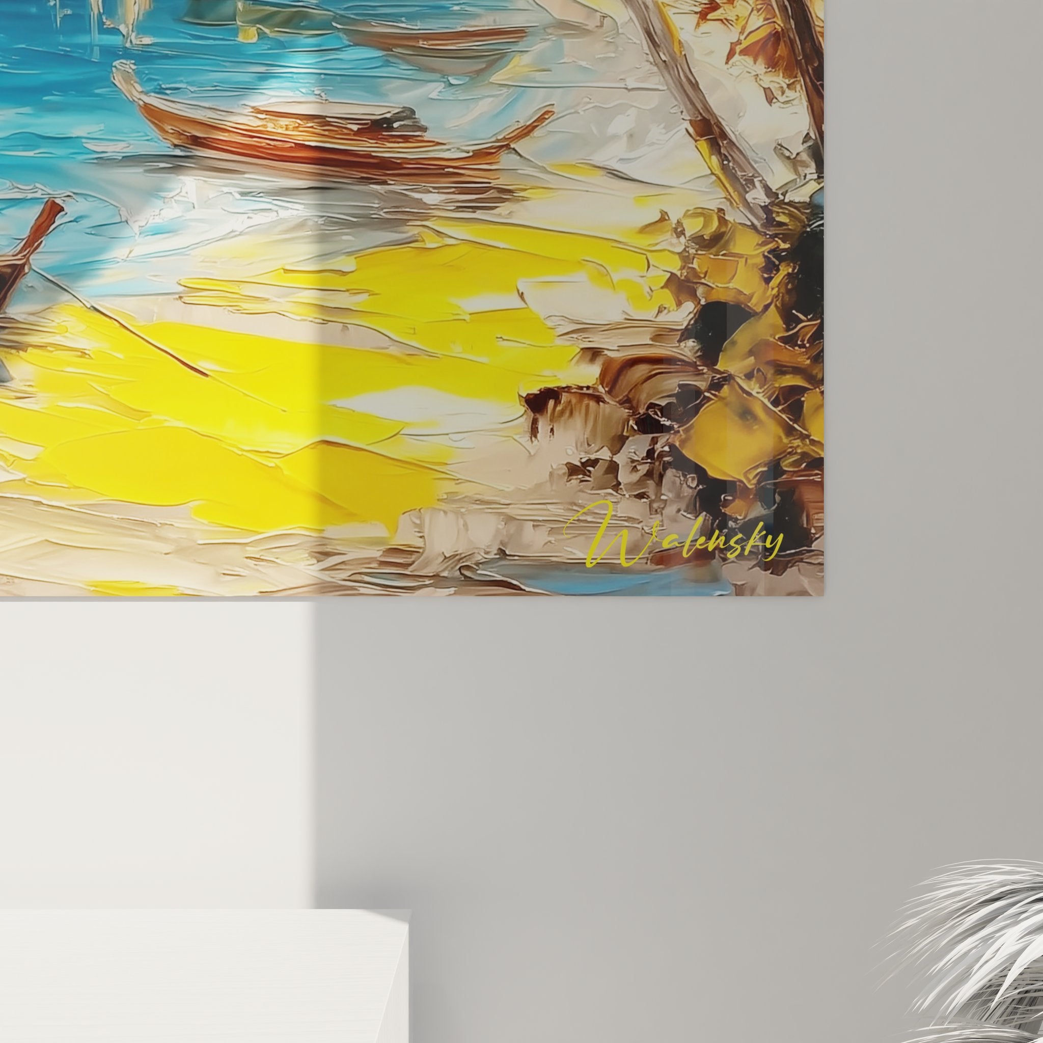 Vue ensemble tableau mural baie tropicale voiliers palmiers style méditerranéen décoration marine