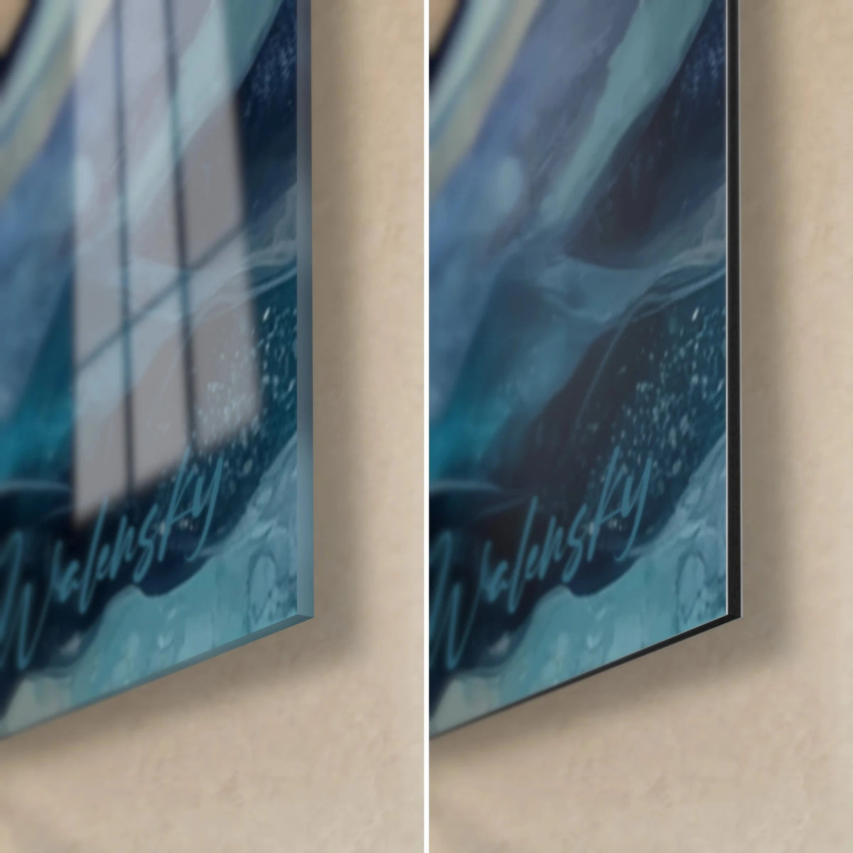 Gemälde Himmelswal, untere rechte Ecke: glänzendes türkisblaues Acrylglas links, mattes Dibond-Aluminium rechts, 3 mm Kante und Walensky-Signatur