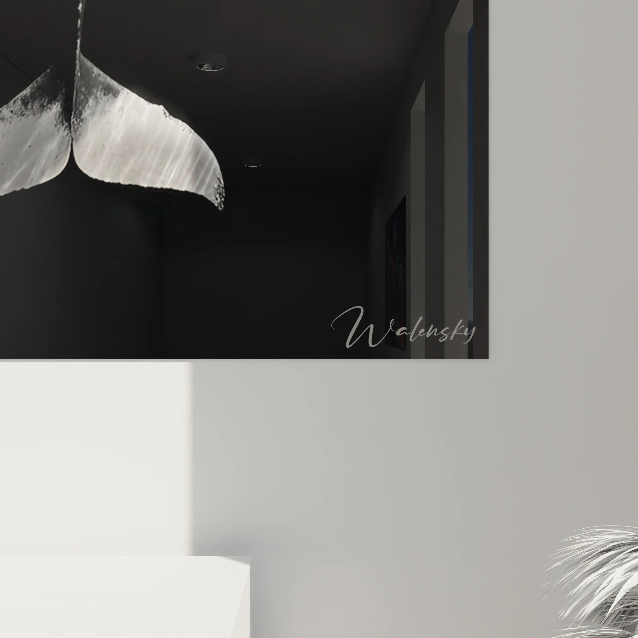 Vue ensemble tableau baleine noir et blanc, décoration murale océan contemporaine