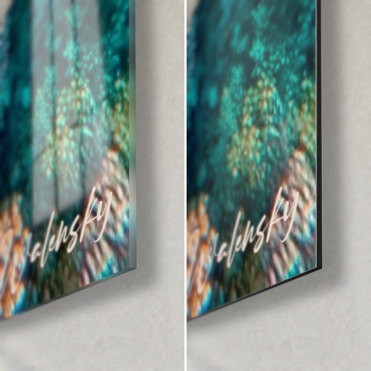 Wall art shoal of tropical fish, bottom right corner: glossy reflective glass, matte Dibond aluminium, 3 mm black edge