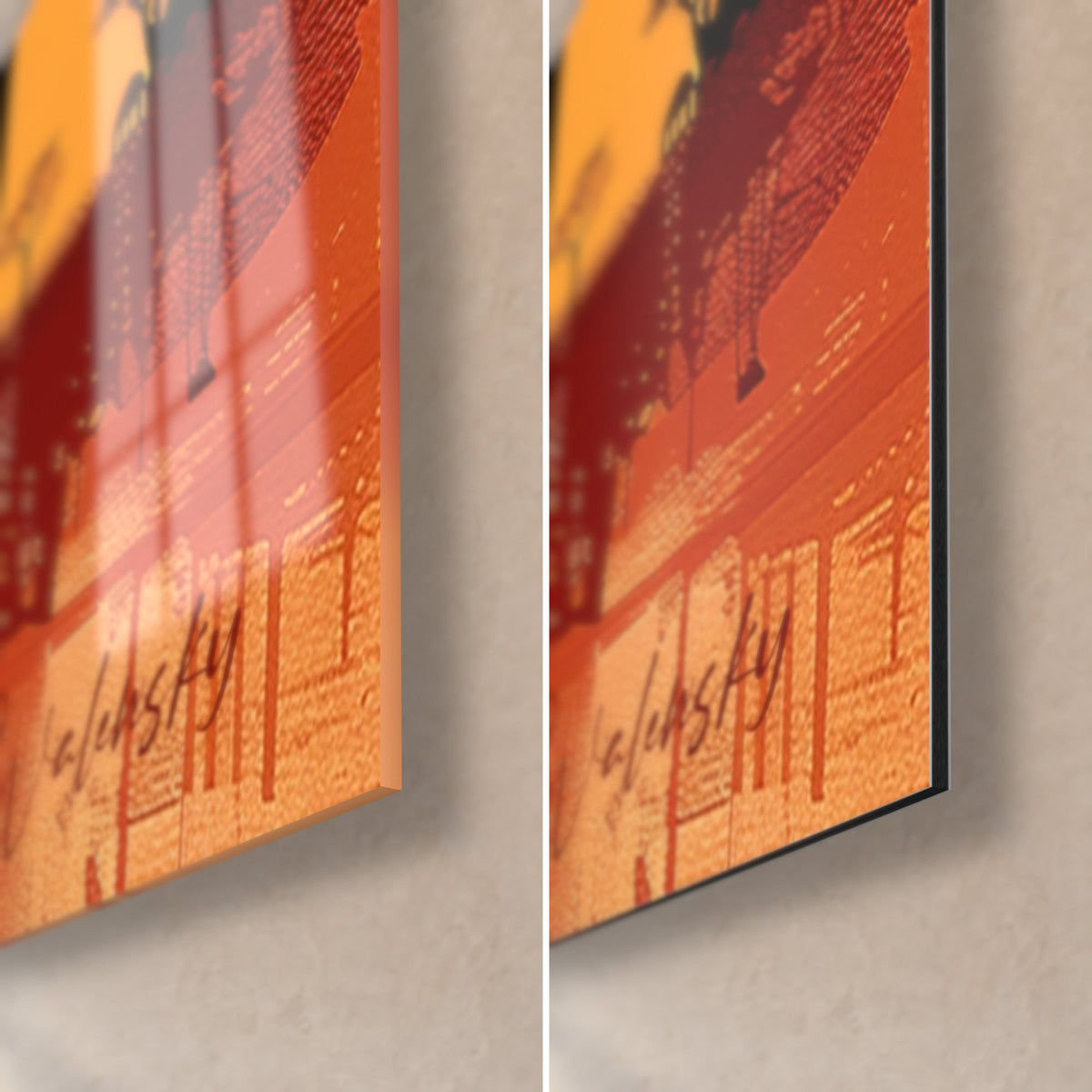 Tableau baobabs sombres sur ciel orange, coin bas droit : verre acrylique brillant à gauche, alu Dibond mat noir à droite