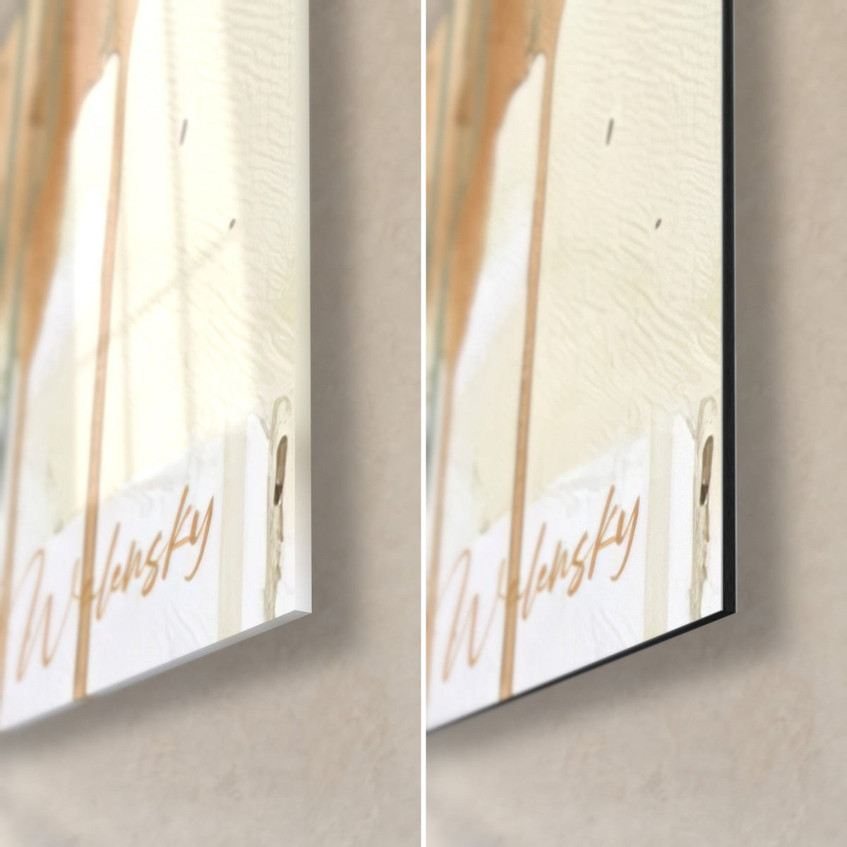 Gemälde rothaariger Hund in Aquarell, unten rechts: glänzendes Glas links, mattes Dibond-Aluminium rechts, Signatur Walensky