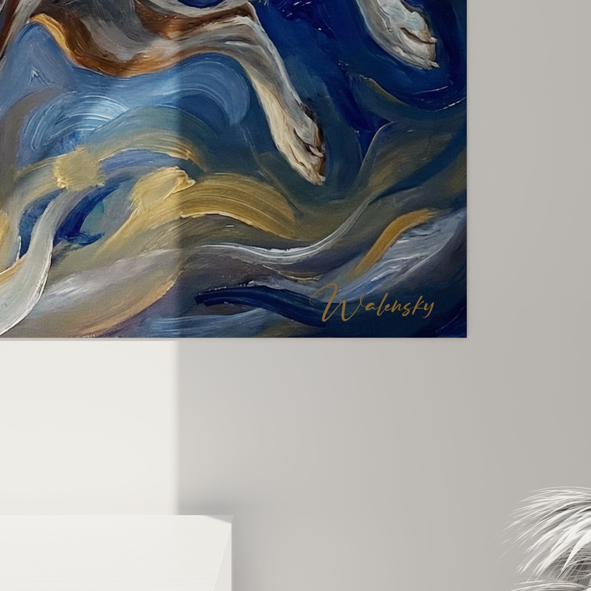 Vue d'ensemble tableau mural Basenji tourbillon magique, composition artistique bleu or mouvement