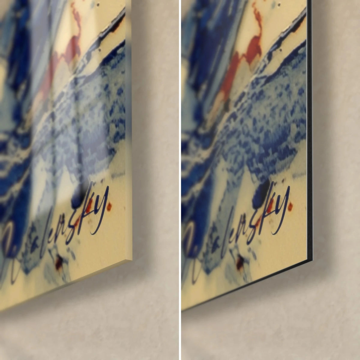 Schilderij van een basketballer in blauw en oranje, rechtsonder: glanzend acrylglas links, mat Dibond aluminium rechts, dikte 3 mm