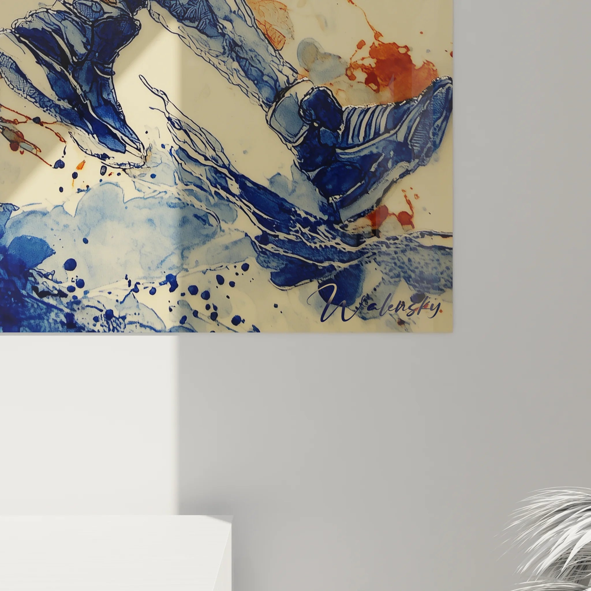 Vue d'ensemble tableau basket ball joueur action avec palette bleue et style artistique contemporain