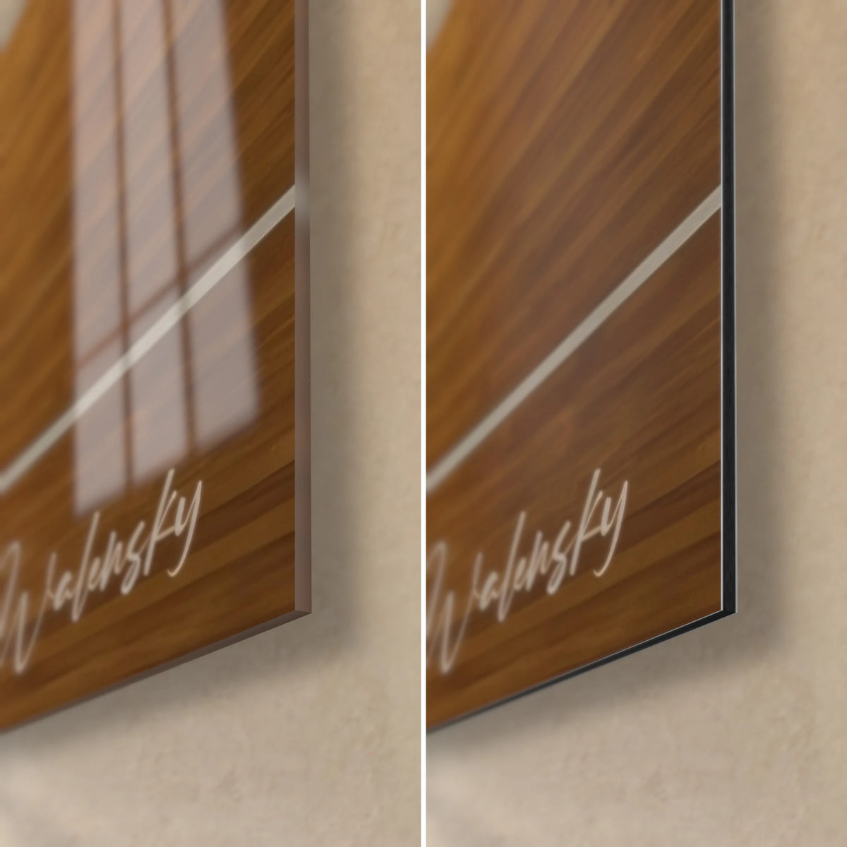 Wall art gymnasium in aerial view, lower right corner of the amber parquet, white signature, glossy glass and matte black 3 mm Dibond