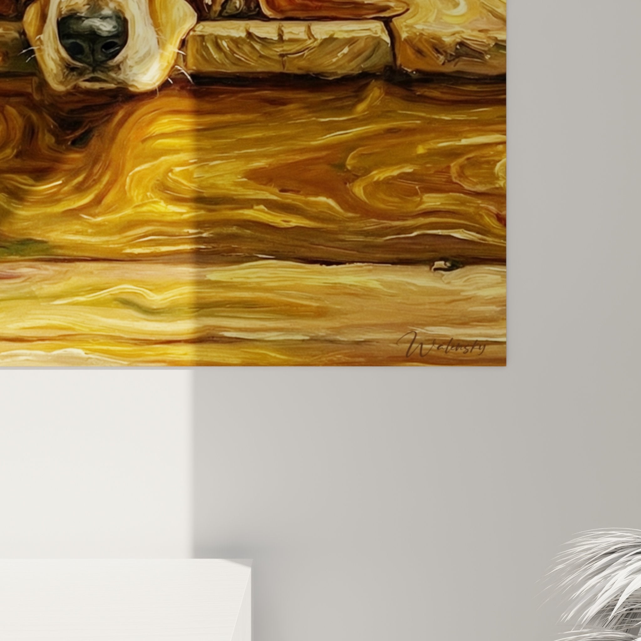 Vue d'ensemble tableau mural Basset Hound, composition artistique tons chauds sur parquet