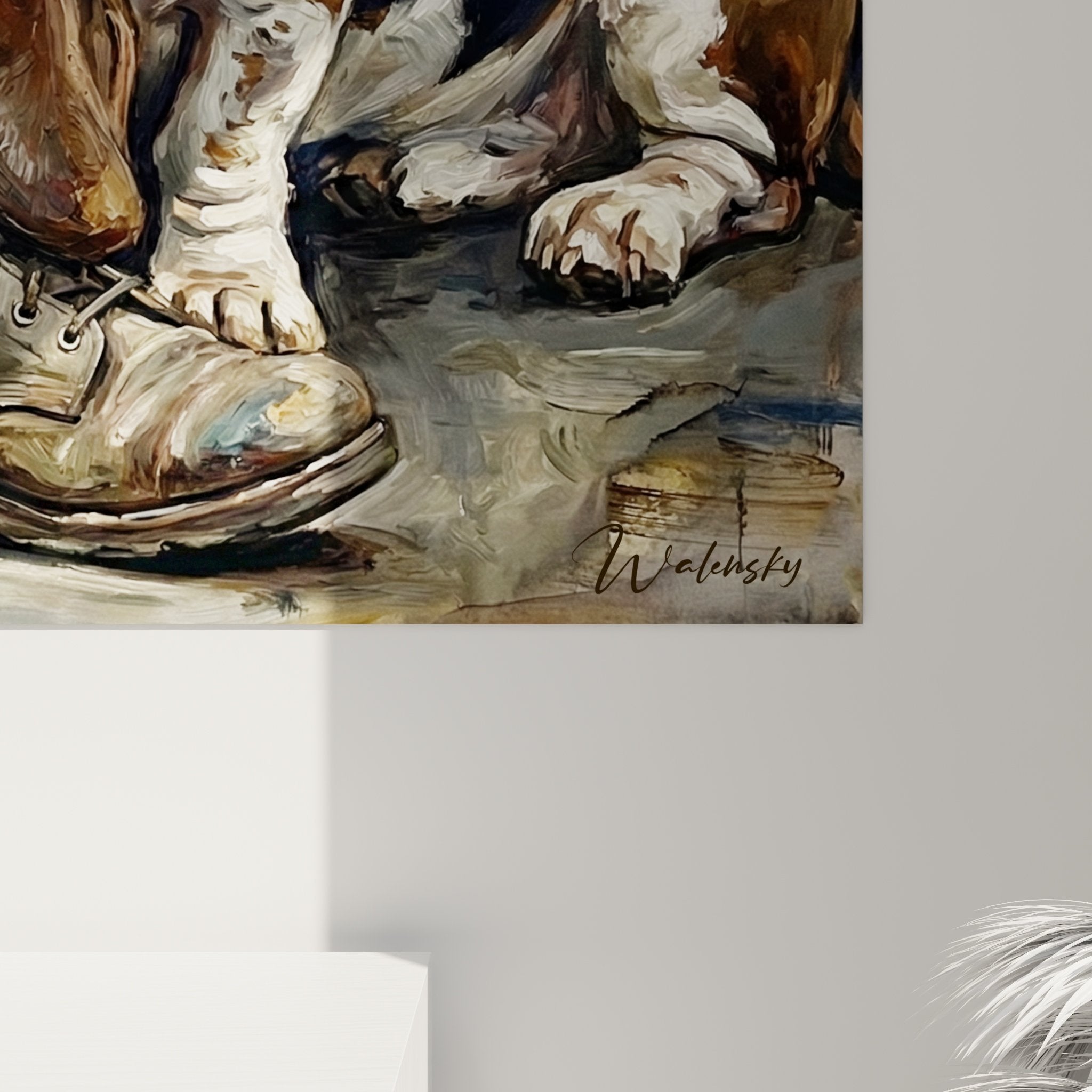 Vue d'ensemble tableau Basset Hound militaire dans intérieur moderne avec éclairage ambiant
