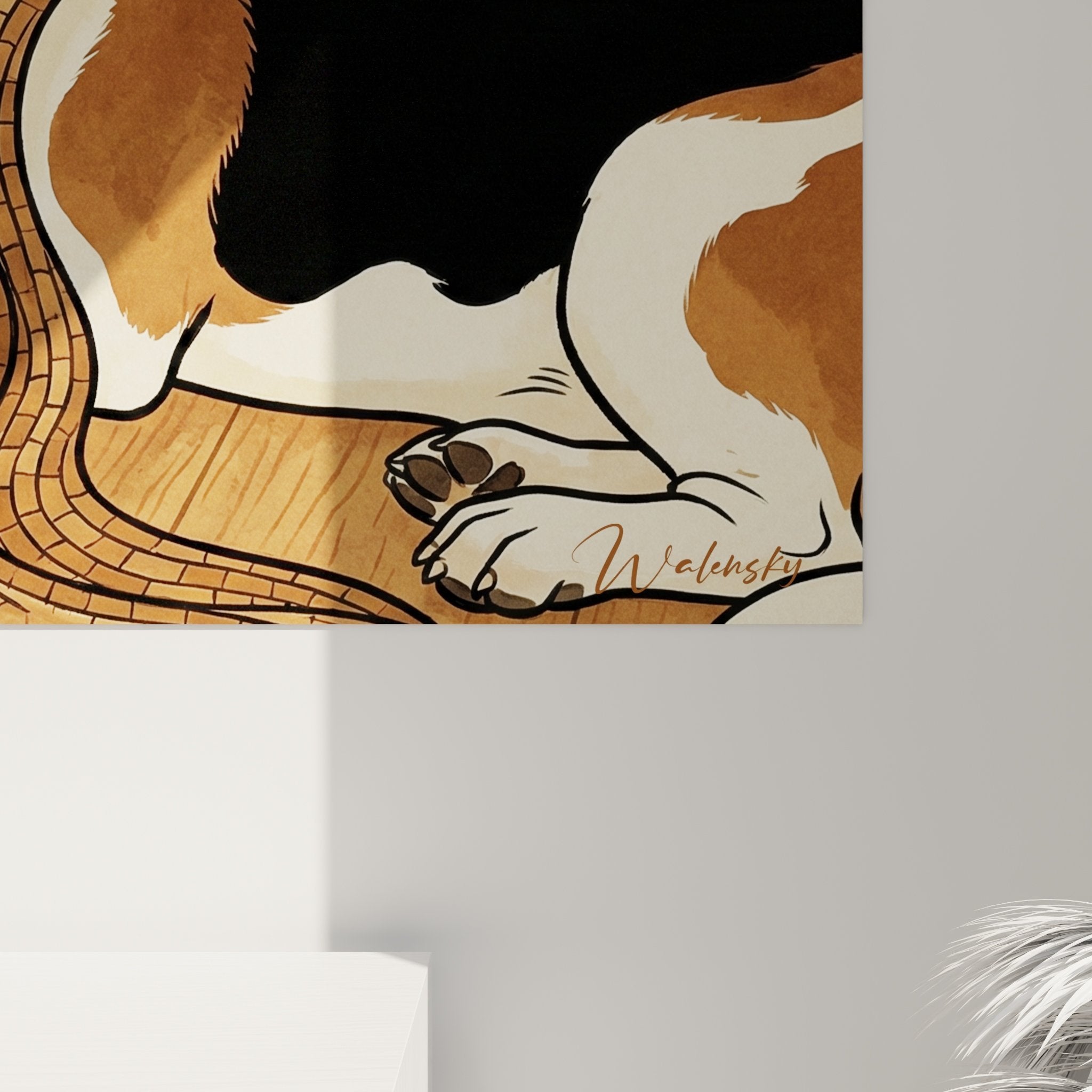 Vue d'ensemble tableau mural Basset Hound - scène familiale de chiens couchés tons chauds et naturels